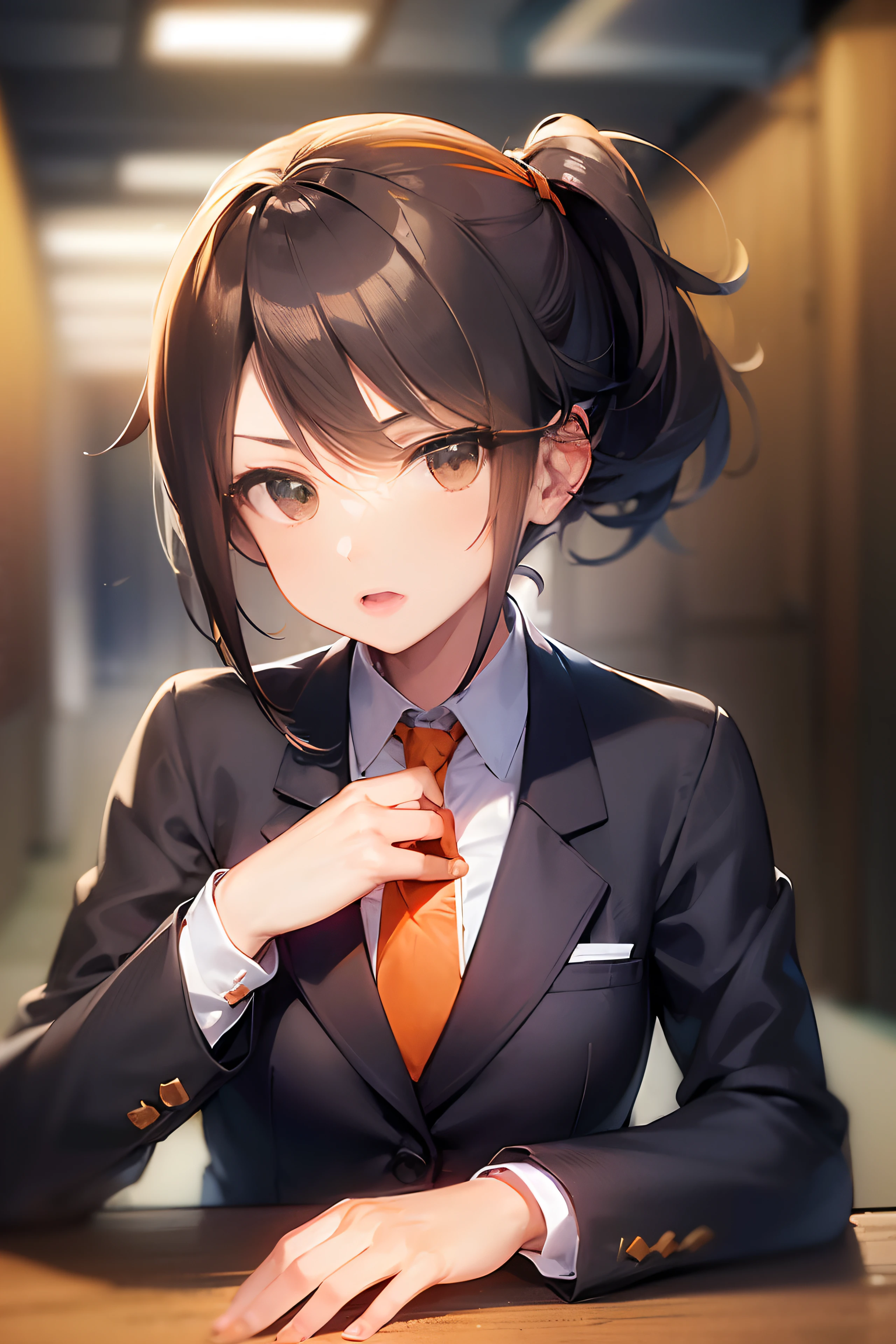 ((News reporter:1.5)), ((Business suits)), a black skirt, ((In Kyoto Animation Style)), masutepiece, Professional Lighting, Detailed face, Detailed eyes, super precision, Extremely beautiful, Princess Face, 1 girl, Sexy Girl, ((Solo:1.5)), 20 years old, ((Cowboy Shot:1.5)), Dynamic Poses, Cute face, Boyish girl, ((Dark hair)), ((shorth hair:1.5)), Straight hair, Dark hair, Short ponytail, Black eyes, ((Smaller breasts)), BREAK, ((Plain orange tie:1.5)), Press Conference Hall, desk work, serious faces, Open mouth,