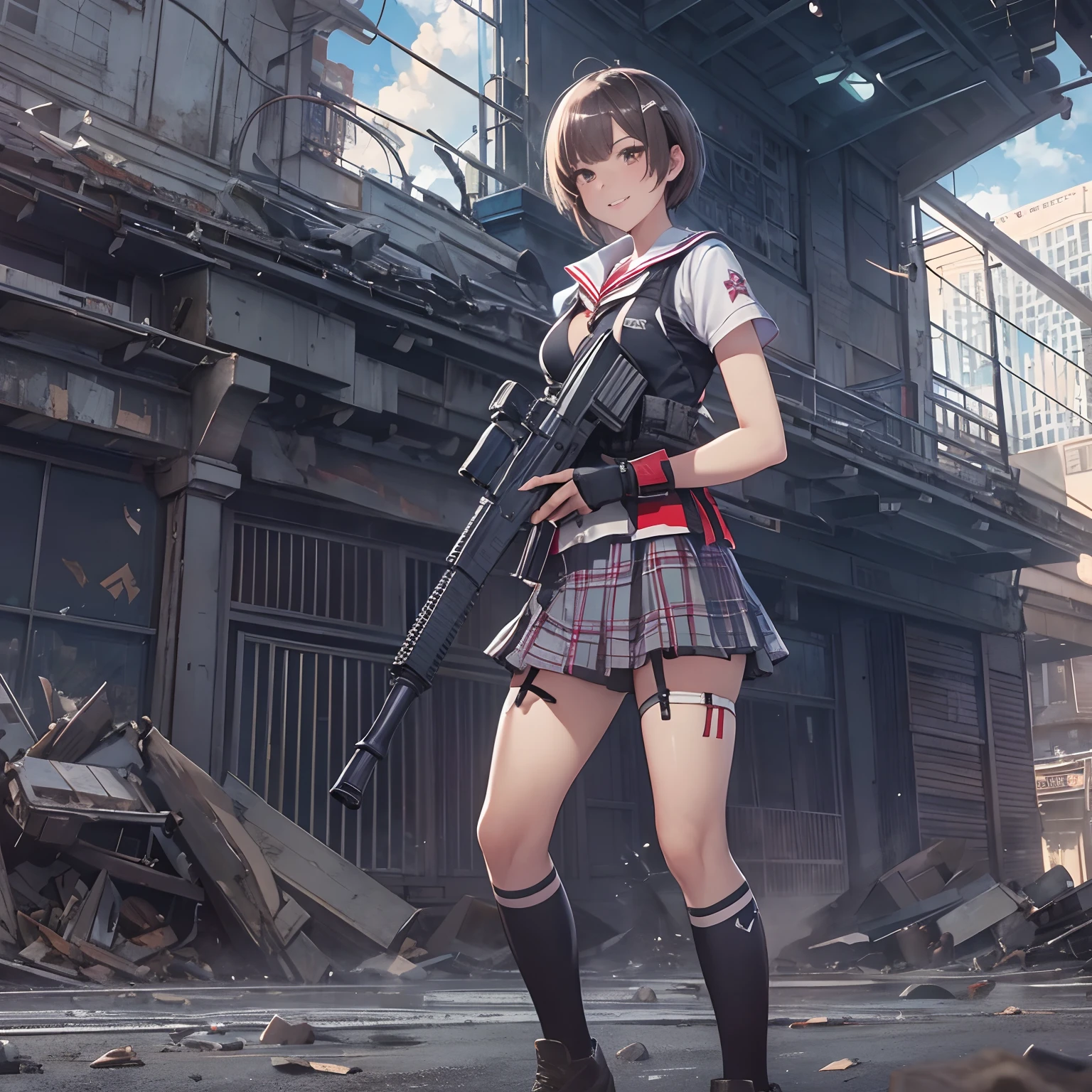 masutepiece, High quality, Cinematic lighting, Front Camera Angle, Ruined metropolis, High school girl standing on the ground with assault rifle (M16), Beautiful Girl, Unbeatable smile, Stylish, Short hair , cleavage, Short sailor suit, Tartan mini skirt, Dynamic Pose,
