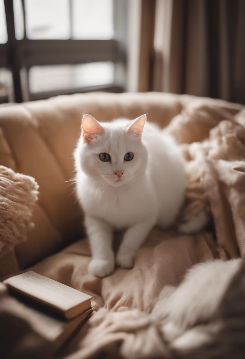 there is a cat on it, a cute little cat, The cutest kitten in history, Very beautiful and cute girl cat, Lewd and excited white cat, a cute little cat, Intelligent cat, an anthro cat, funny cat, cute kittens, And a sad cat. They read books on the couch、Sitting on a chair. They are relaxing after a hard day. They are wearing pajamas.