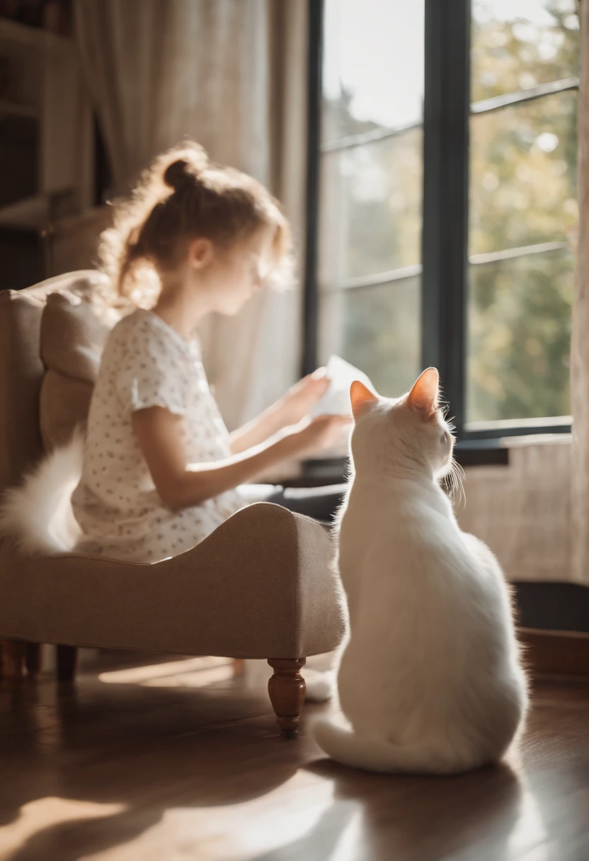 there is a cat on it, a cute little cat, The cutest kitten in history, Very beautiful and cute girl cat, Lewd and excited white cat, a cute little cat, Intelligent cat, an anthro cat, funny cat, cute kittens, And a sad cat. They read books on the couch、Sitting on a chair. They are relaxing after a hard day. They are wearing pajamas.