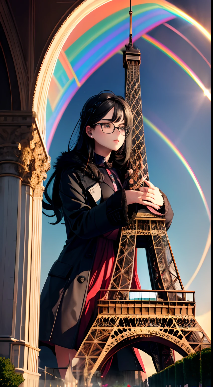 Dreaming girl with long black hair in red dress ,in a black coat, beautiful and with glasses in Paris.I don't want to see Rain in the image ,the rainbow and the Eiffel Tower