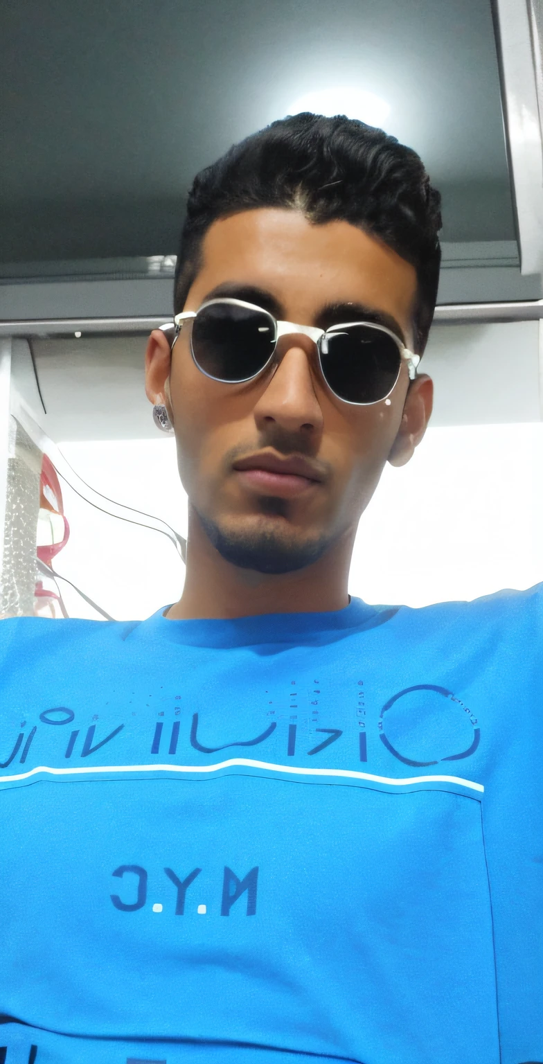 there is a man wearing sunglasses and a blue shirt, with sun glasses, Estilo Mohamed Chahin, em torno de 1 9 anos, foto de perfil, Mohamed Chahin, with sunglasses, !!wearing modern glasses!!, Riyahd Cassiem, Andro, imagem de qualidade muito baixa, imagem frontal, Alex, foto de perfil 1024px, cara fria