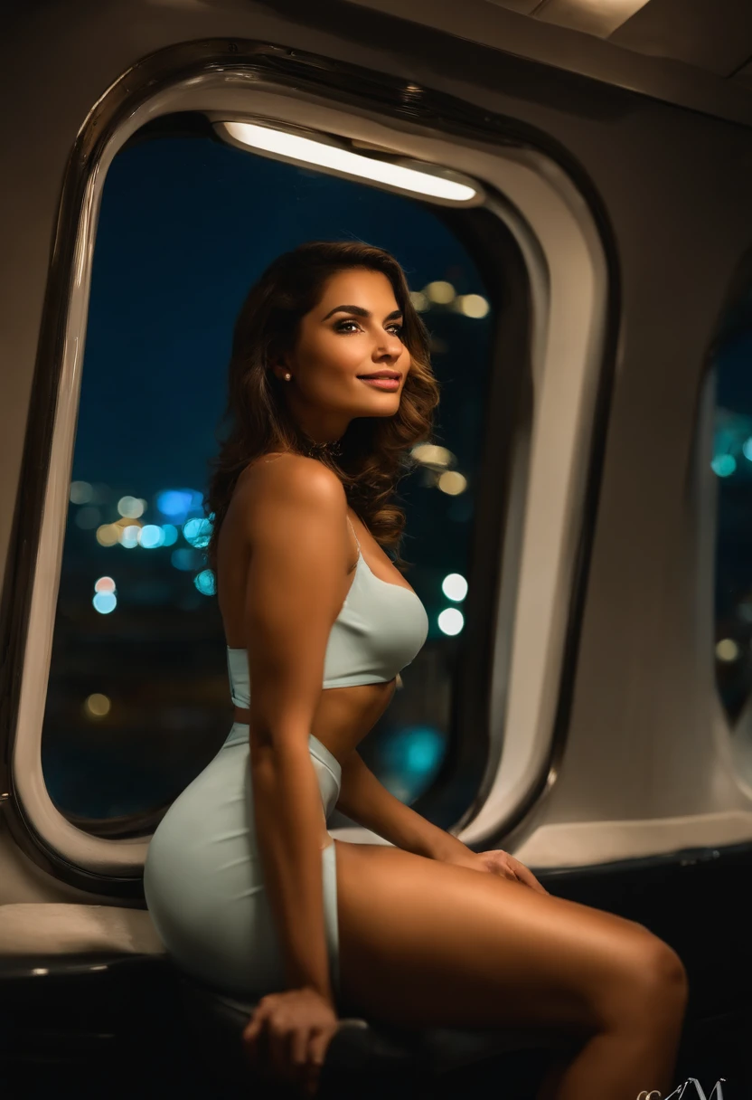 jovem 18 anos, Beautiful, (((Novo))), ((no-bra)), sem calcinha, inspirado em prostituta, Flight attendant, corpo escultural, olhos azuis, Cabelo longos, cabelos loiros , confident expression, (Pose de prostituta), passeando elegantemente pelo corredor da cabine, com um sorriso radiante, interacting with passengers caressing their private parts, luzes suaves iluminando o ambiente, windows with stunning views of the night sky of the city of Dubai,