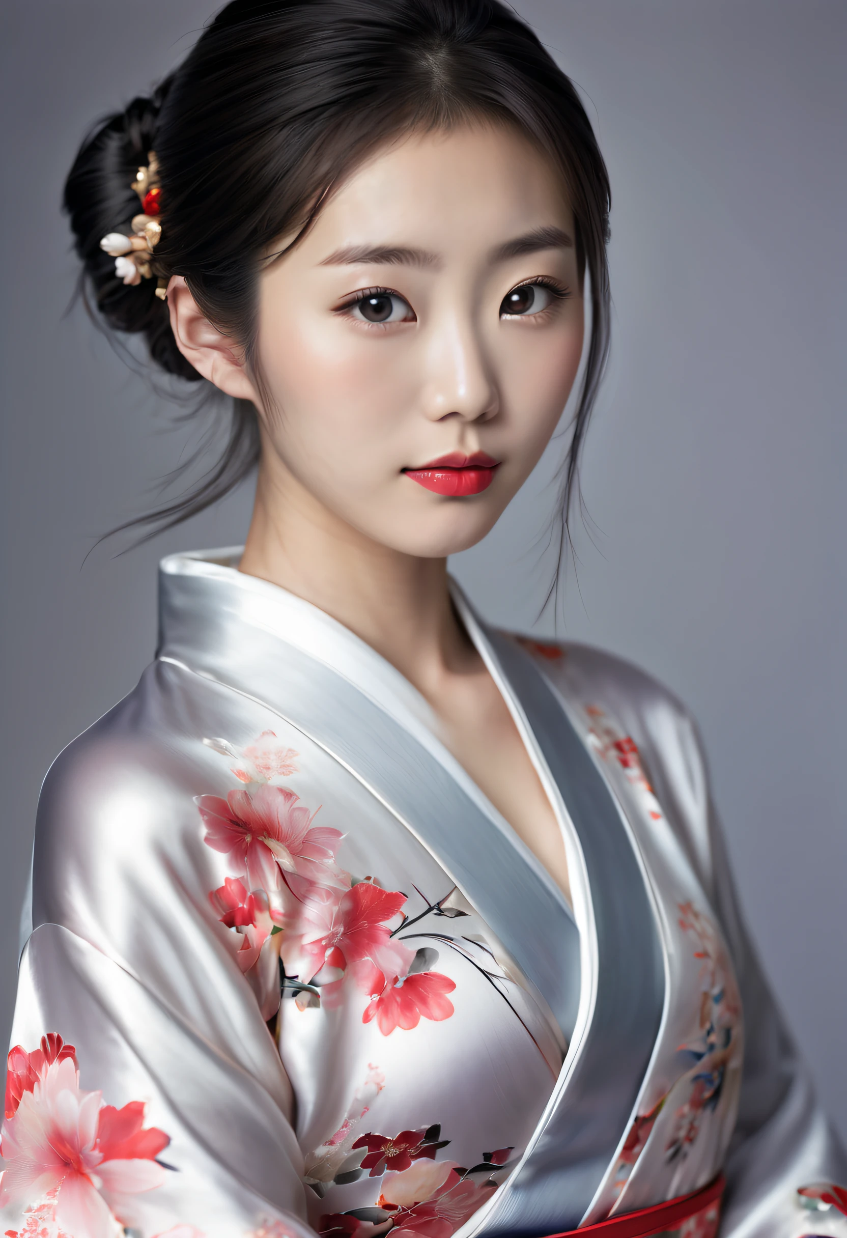 Beautiful Japanese 18 year old woman, silk qipao, photorealistic, masterpiece, tight clothes, large breasts, lipstick, beautiful face, seductive, cute, silk kimono, silver hair, white silk floral kimono, silk floral qipao