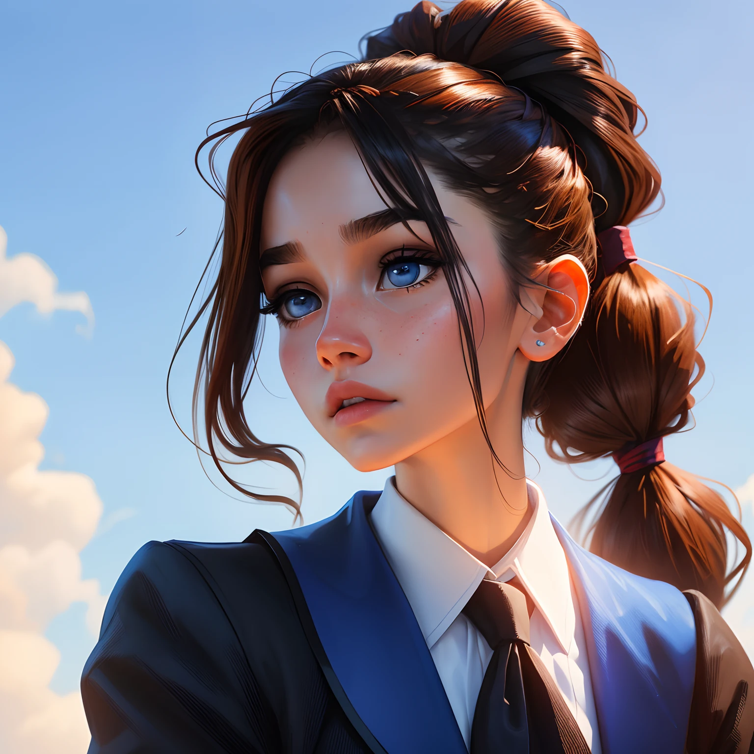 A  girl with long brown hair tied in a ponytail, blue eyes with dark circles and full lips , wearing a fancy royal blue school uniform , Portair HD