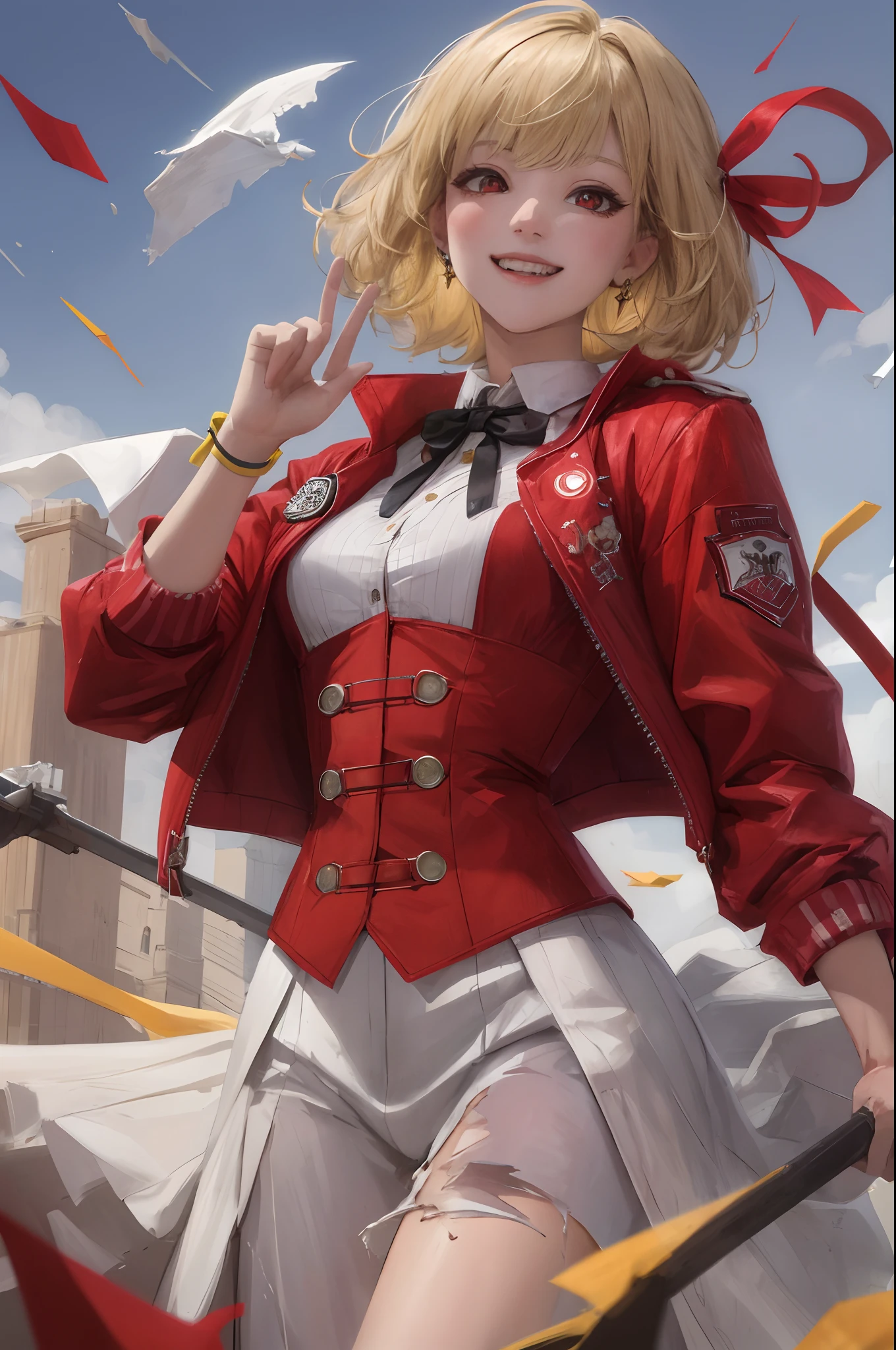 High quality, Best quality, Masterpiece, absurderes, Red_Jacket, ribbon, Red_Eyes, blond_Hair, short_Hair, Hair_ribbon, Smile, 1girll, Torn clothes, Pieces of cloth,