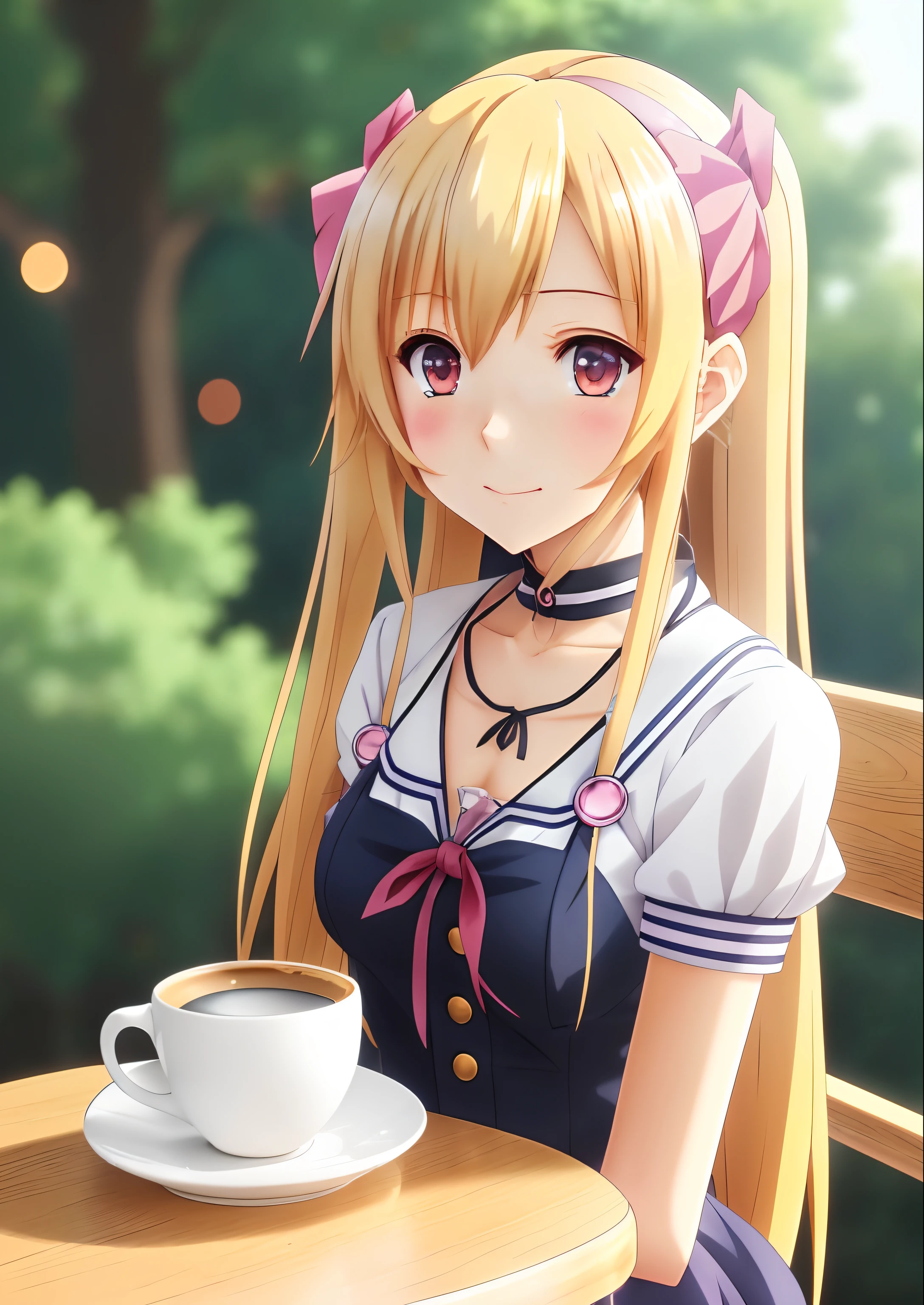 anime girl sitting at a table with a cup of coffee, anime girl desktop background, Anime wallpaper 4K, Anime wallpaper 4 k, Blonde anime girl with long hair, style of anime4 K, 4K anime wallpaper, anime visual of a cute girl, Anime art wallpaper 4k, Anime art wallpaper 4 K, anime vibes, Cute anime girl, An anime girl