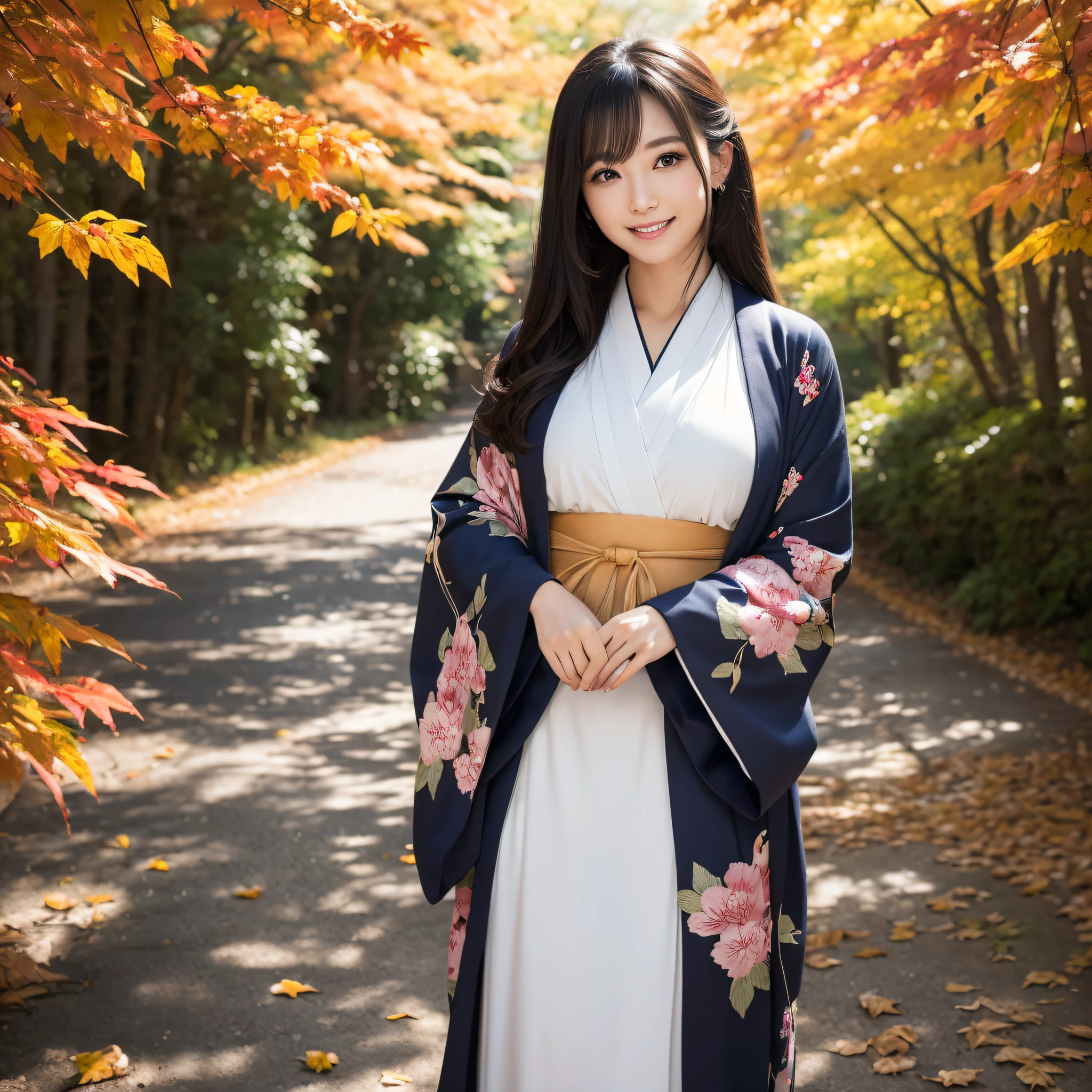 (Super beautiful woman in kimono)、((best qualtiy、8k masterpieces:1.3))、foco nítido:1.2、(ultra beautiful faces:1.0)、(shinny skin:1.0)、photos realistic、A dark-haired、Video Lighting、High-definition eyes and face、Video Lighting、Japanese actressl、from the front side、medium breasts、With a happy smile、wearing kimonos、Under the autumn leaves、