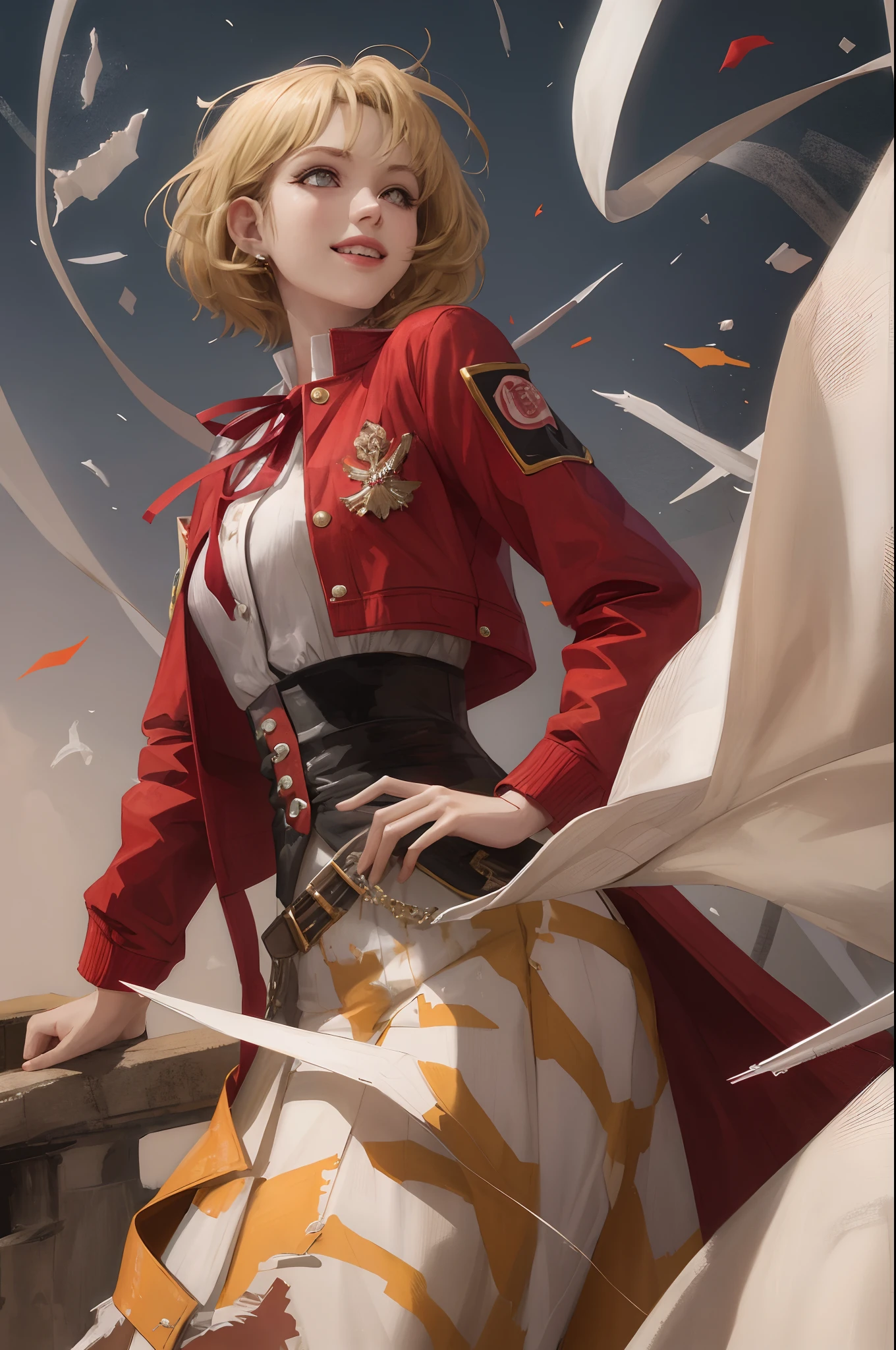 High quality, Best quality, Masterpiece, absurderes, Red_Jacket, ribbon, Red_Eyes, blond_Hair, short_Hair, Hair_ribbon, Smile, 1girll, Torn clothes, Pieces of cloth,