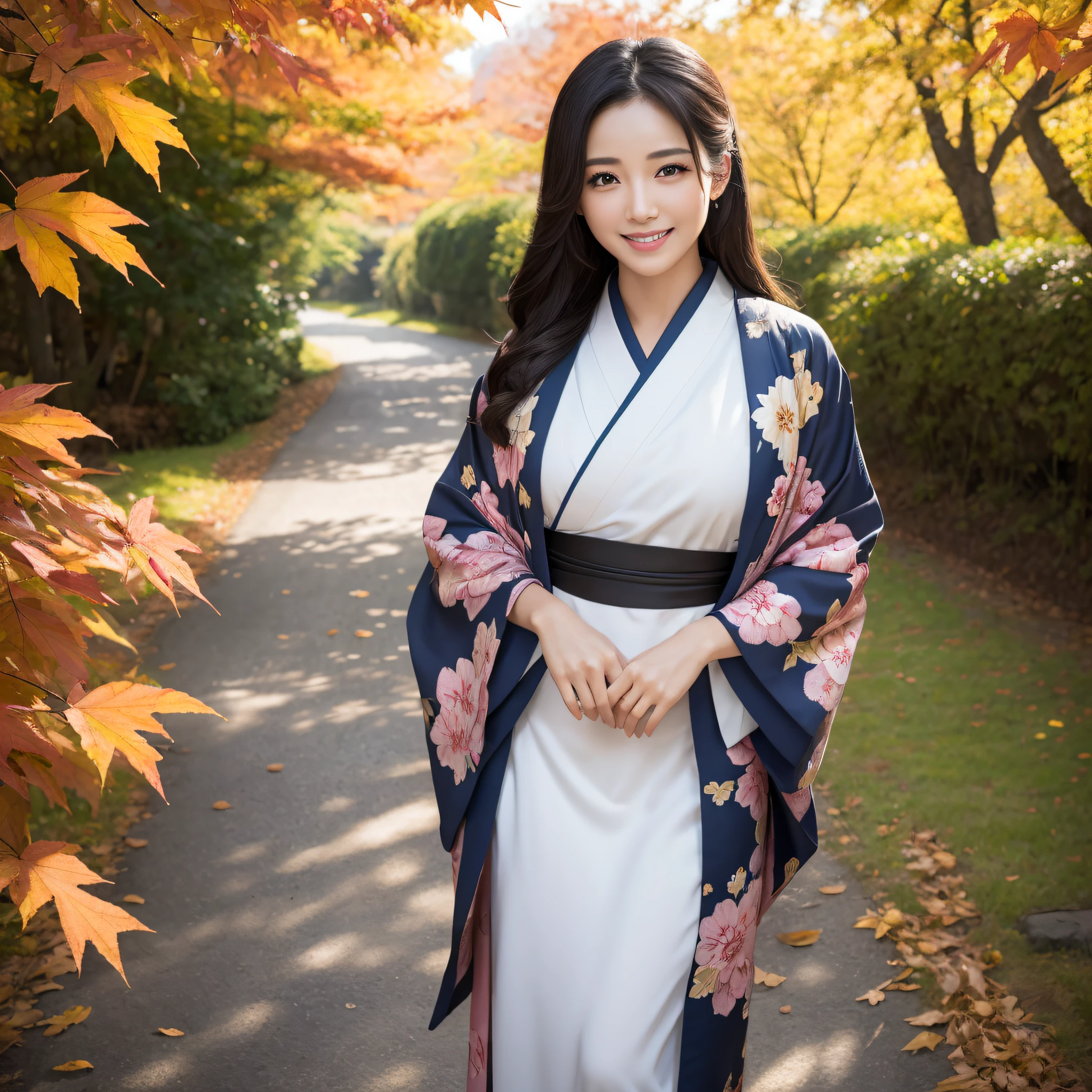 (Super beautiful woman in kimono)、((best qualtiy、8k masterpieces:1.3))、foco nítido:1.2、(ultra beautiful faces:1.0)、(shinny skin:1.0)、photos realistic、A dark-haired、Video Lighting、High-definition eyes and face、Video Lighting、Japanese actressl、from the front side、medium breasts、With a happy smile、wearing kimonos、Under the autumn leaves、