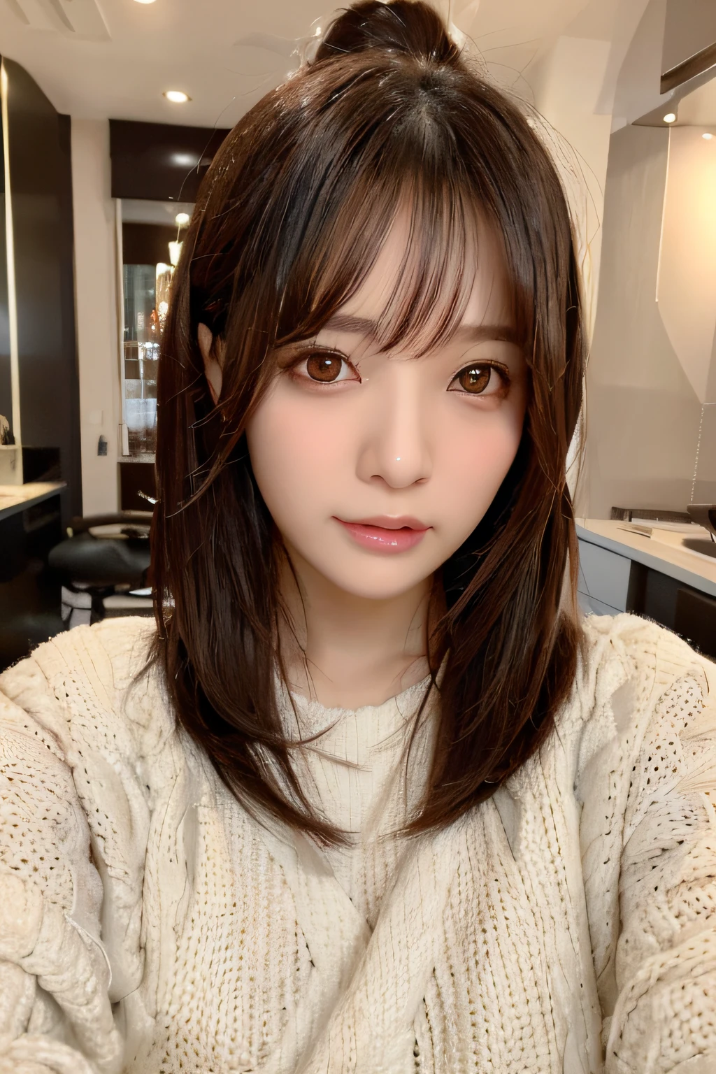 Arab asian woman with messy bread in white sweater, girl cute-fine-face, cute natural anime face, With short hair, the face of a beautiful Japanese girl, ulzzangs, cute - fine - face, young cute wan asian face, portrait cute-fine-face, black hime-cut hair, hime-cut