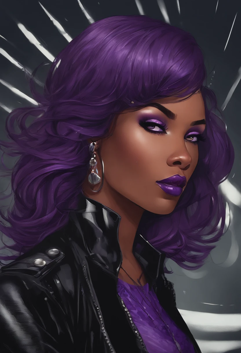 A dark-skinned, purple-haired young woman with the power of sound waves, Longue coiffure punk, veste noire, Grandir, Presque adulte, Echiro Oda's Art Style, One-piece style, Regard intense, intimidadora, Yeux violets et s