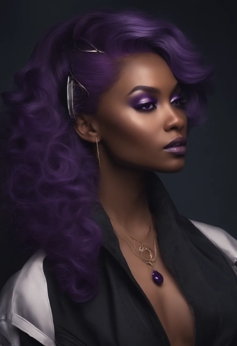 A dark-skinned, purple-haired young woman with the power of sound waves, Longue coiffure punk, veste noire, Grandir, Presque adulte, Echiro Oda's Art Style, One-piece style, Regard intense, intimidadora, Yeux violets et s