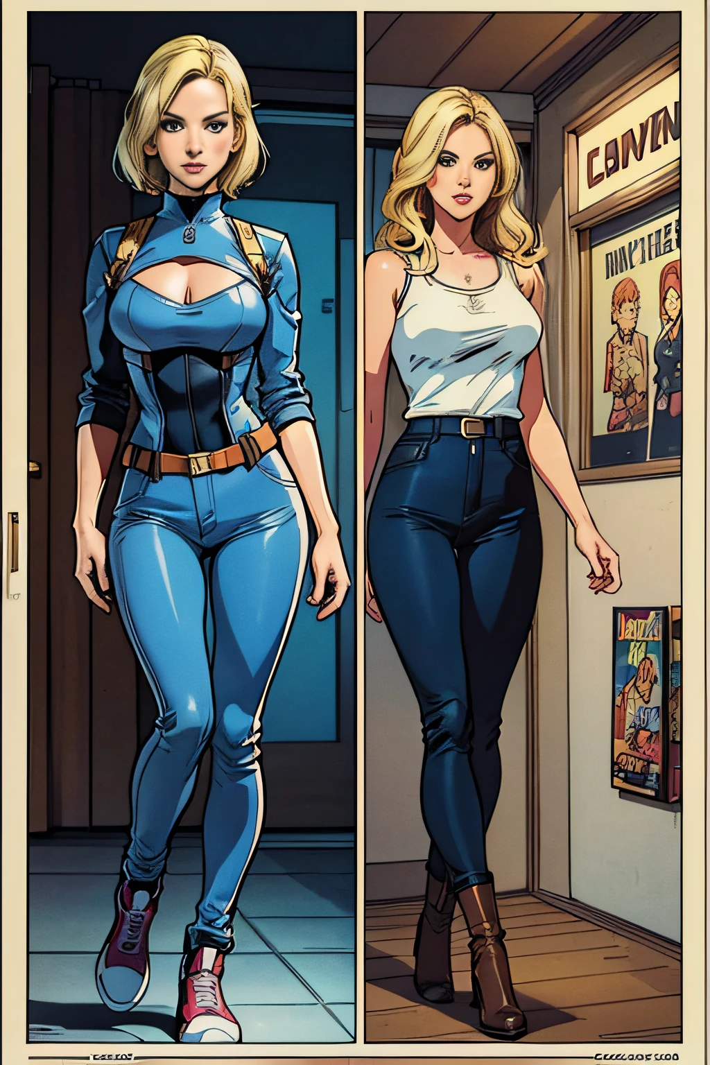Comic storyboard:1.8, Cartoon comic strips,comic strip:: jennifer lawrence,Selena Gomez(1人の女性) The full body of a 30-year-old blonde,long trousers,In a futuristic house, marvel comics style, hyper HD, 24K Ultra HD