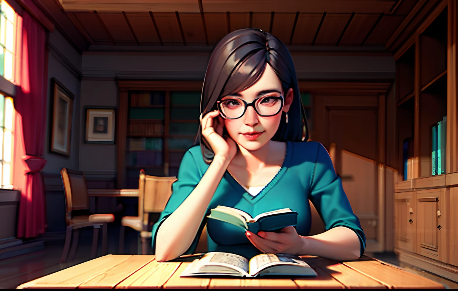 best quality,highres,ultra-detailed,realistic,professional,girl reading in a school library,3D rendering,bookshelf,lots of books,wooden tables and chairs,large windows,soft natural light,calm and quiet atmosphere,vivid colors,portrait style,pleasant color tones,depth of field,books on the table,reading glasses,friendly and relaxed expressions,peaceful and focused atmosphere
