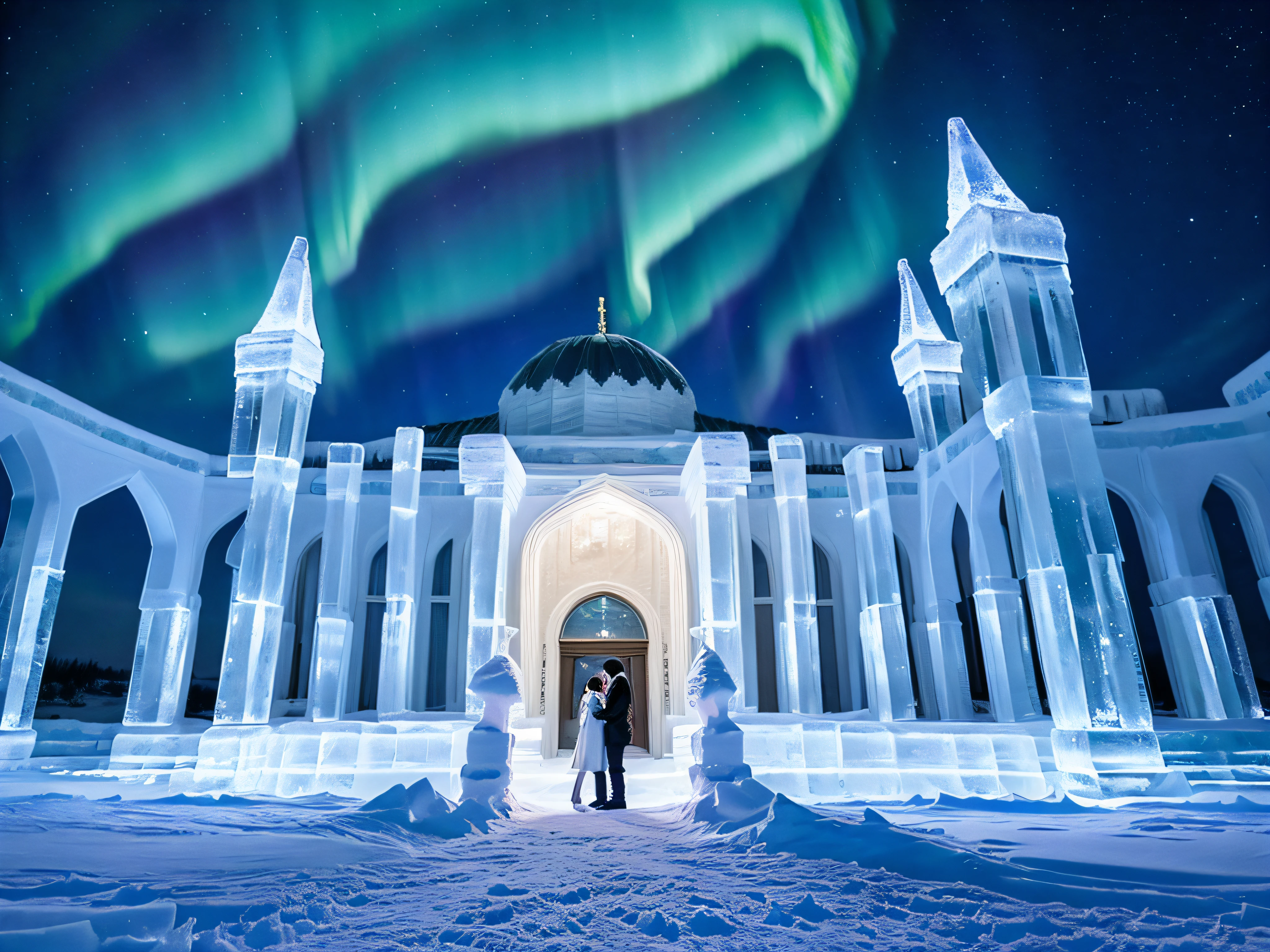Ice Palace: A palace made of ice and snow, glistening under the northern lights.