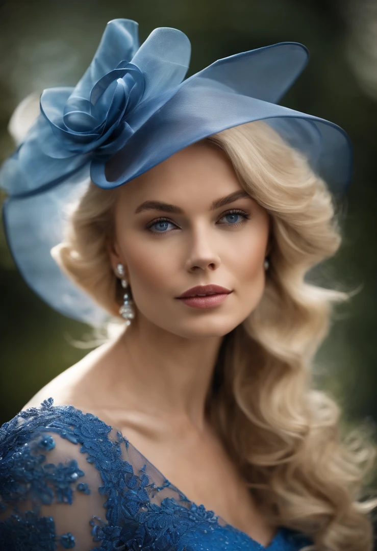 Photographic portrait of a gorgeous young blonde lady dressed perfectly for Royal Ascot in pearls and an ultraconservative blue dress with short puffed sleeves