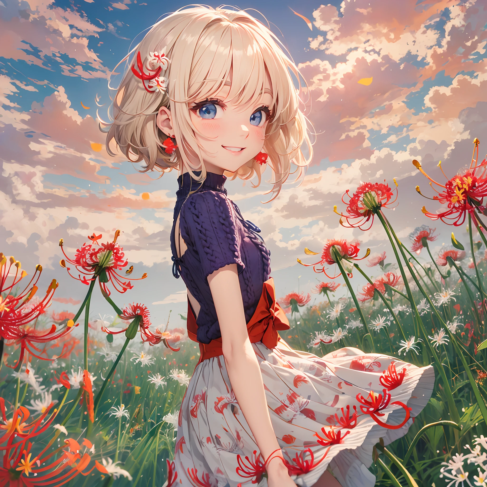 absurderes, ultra-detailliert,bright colour, extremely beautiful detailed anime face and eyes,Short hair,  Blonde hair with short twin tails, Shiny hair, Delicate beautiful face, red blush,(Little red spider lily field:1.6),(Deep Blue Eyes:1.2), White skin, hair clips, earrings, a necklace, (High neck knit:1.5),(Happy smile:1.4),(Floral long skirt:1.3),Beautiful cloud,Dusk sky,longshot