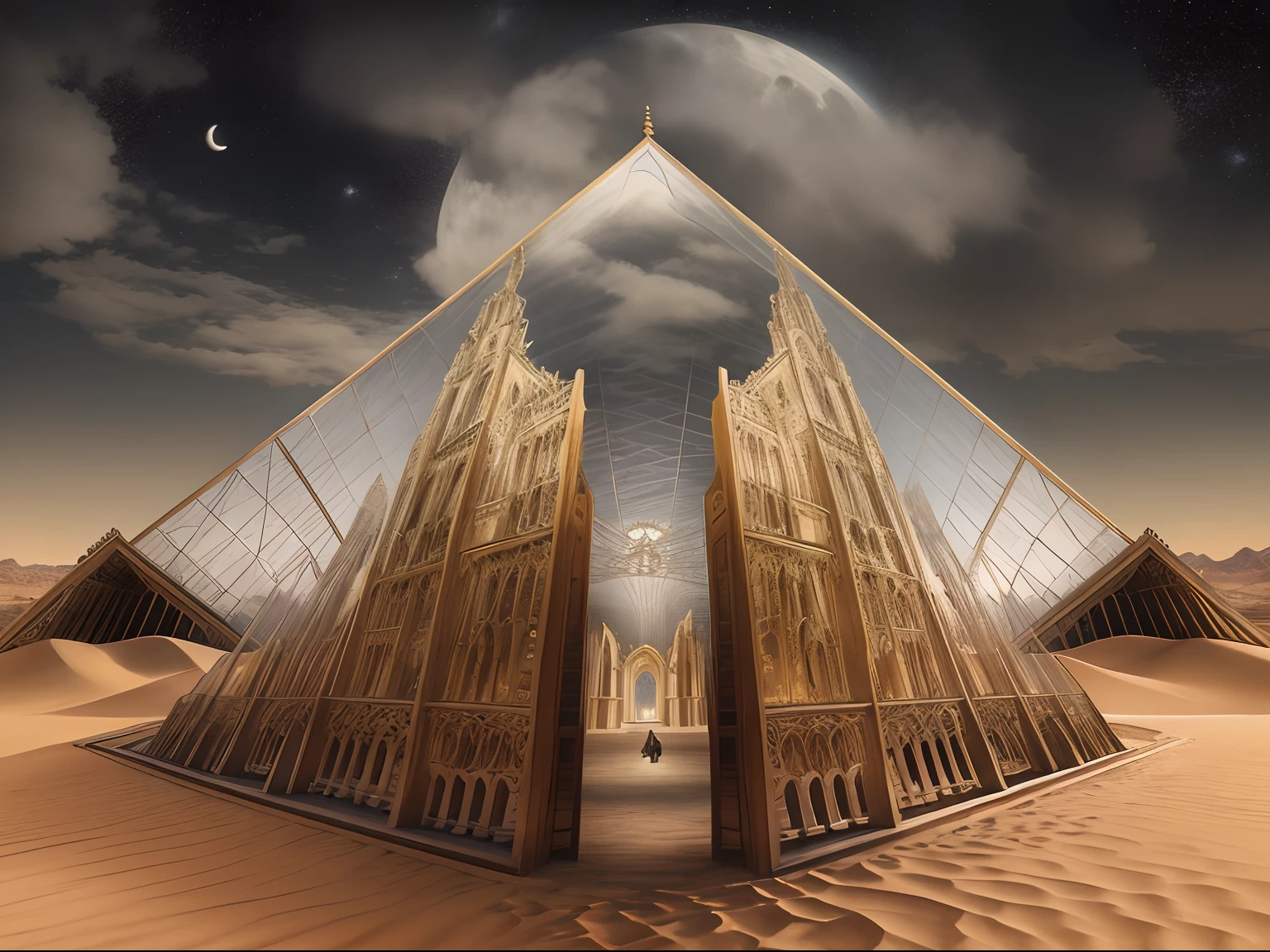 (Mysterious temple in the desert in the dark:1.5)(Inspired by York Minster,sankta)
Monument Valley style, Geometric architecture, Louvre, gold, Complex building structures, Clear structure,
Background with:Desert at night,(themoon:1.1),(Clouds and stars:1.1),author:Peter Bonsol,public space,the sideview, Hyperrealistic, Masterpiece, high resolution, Extremely detailed, Best quality