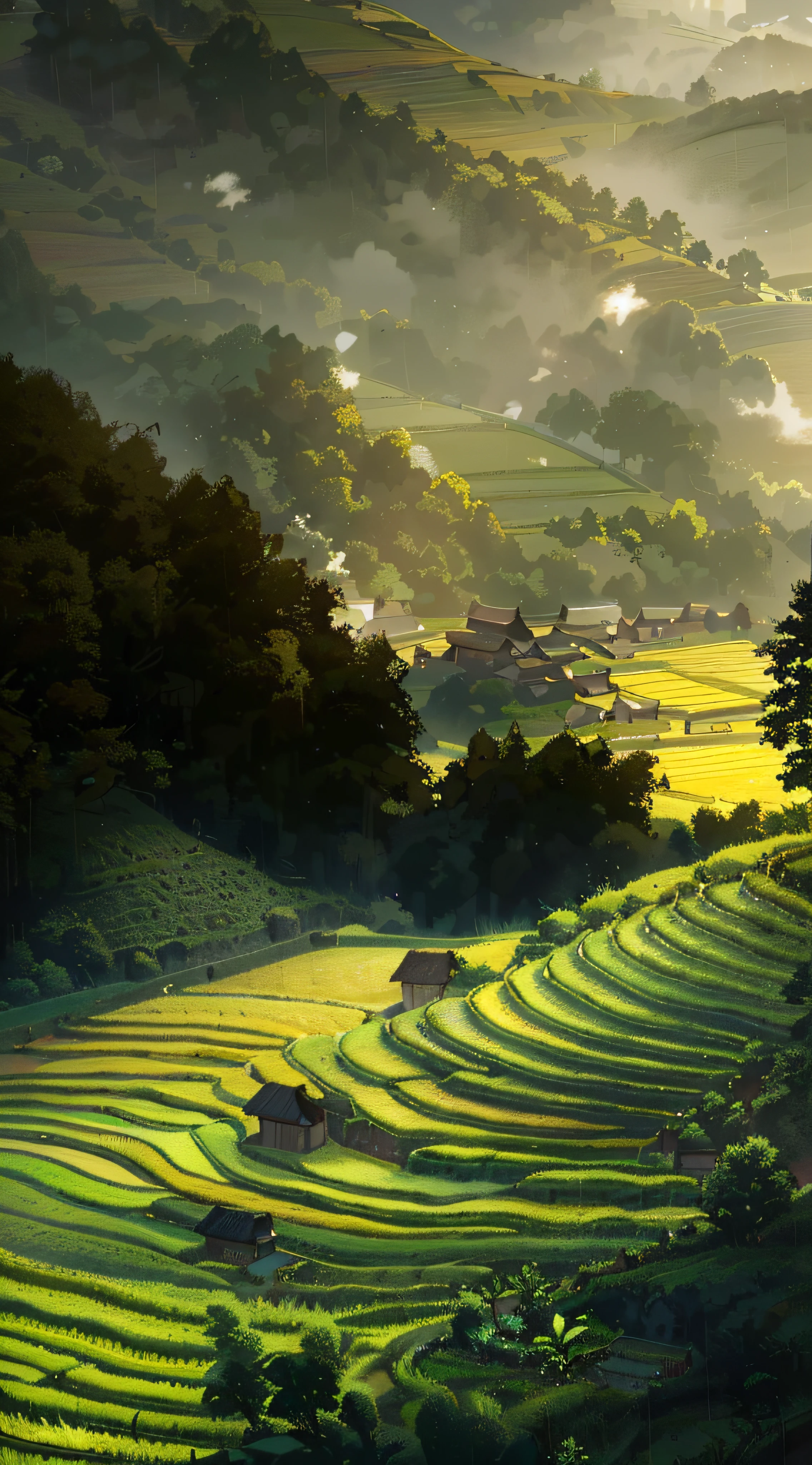 Large expanses of terraced fields, mountains, huts, with rice fields, rice fields, neat rice seedlings in the fields, misty rain, villages, agriculture, in the tranquil landscape, misty weather, in the vast tranquil landscape, in the early morning, in the morning mist, behind a small village, mist, Japanese countryside, thatched roofs --v 6