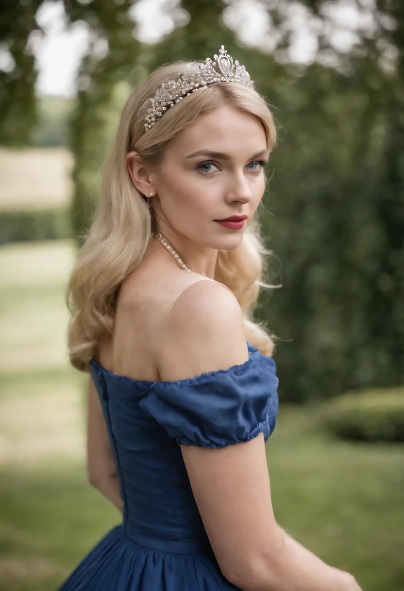Photographic portrait of a gorgeous young blonde lady dressed perfectly for Royal Ascot in pearls and an ultraconservative blue dress with short puffed sleeves