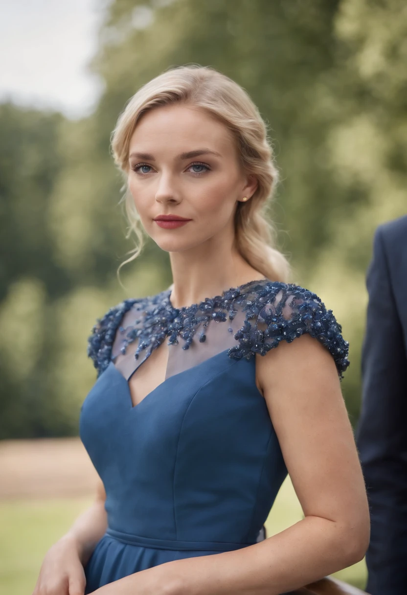 Photographic portrait of a gorgeous young blonde lady dressed perfectly for Royal Ascot in pearls and an ultraconservative blue dress with short puffed sleeves