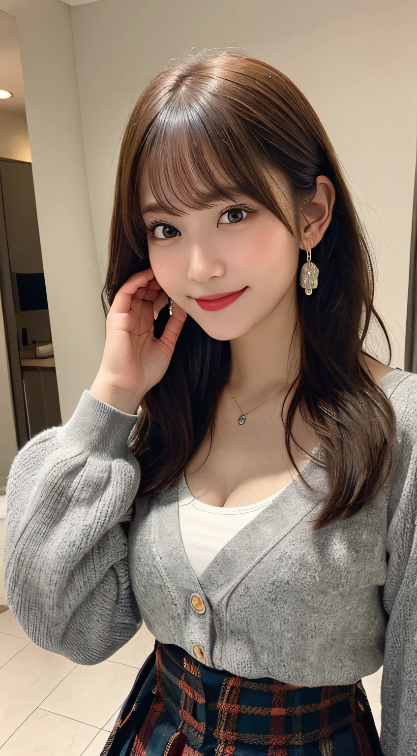 Smile、natta、Raw photography、(((Ultimate Beauty Portrait)))、((glistning skin))、女の子1人、 beautiful girl in Prague、bright expression、((brown haired))、(cleavage of the breast)、(Plaid pleated skirt:1.5)、((Big eyes that shine like jewels))、open cardigan、Open your clothes、panthyhose、Glossy glossy skin、(Medium Hair)、(Silky Ponytail Hair)、(is standing)、(frombelow)、Under the skirt、(Close-up of underwear from below)、eye liner、Beautiful bangs、Hair between the eyes、((masterpiece、top-quality、ultra-detailliert、Film Light、intricate-detail、hight resolution、ighly detailed))、细致背景、8KUHD、Digital SLR、Soft light、hightquality、Film grain、FujifilmXT3 、Shallow depth of field、natural soft light、Kamimei、Lush bust