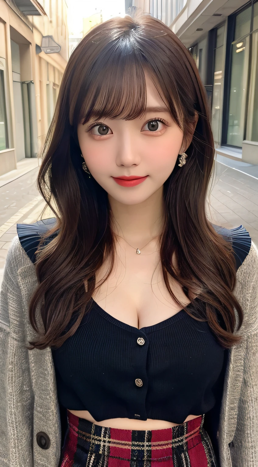 Smile、natta、Raw photography、(((Ultimate Beauty Portrait)))、((glistning skin))、女の子1人、 beautiful girl in Prague、bright expression、((brown haired))、(cleavage of the breast)、(Plaid pleated skirt:1.5)、((Big eyes that shine like jewels))、open cardigan、Open your clothes、panthyhose、Glossy glossy skin、(Medium Hair)、(Silky Ponytail Hair)、(is standing)、(frombelow)、Under the skirt、(Close-up of underwear from below)、eye liner、Beautiful bangs、Hair between the eyes、((masterpiece、top-quality、ultra-detailliert、Film Light、intricate-detail、hight resolution、ighly detailed))、细致背景、8KUHD、Digital SLR、Soft light、hightquality、Film grain、FujifilmXT3 、Shallow depth of field、natural soft light、Kamimei、Lush bust