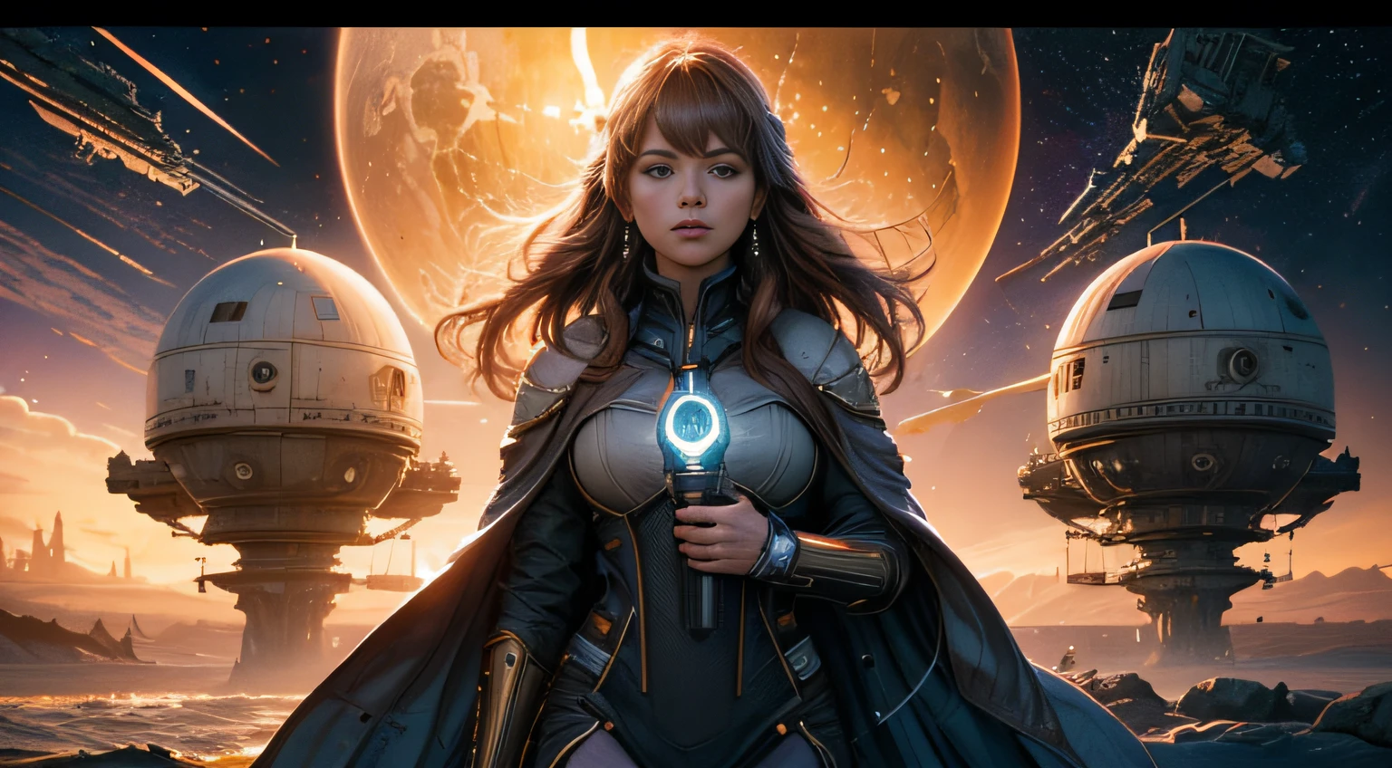 Draw a 23 years old, ultra hot gorgeous European woman programmer, sitting on a research platform floating in the middle of an asteroid belt. SHe is studying with a notebook, surrounded by several asteroids glowing with fiery auras. Dramatic lighting from distant stars and planets illuminates the scene, casting deep shadows on the suit. The woman looks confident and determined, looking at the vast and mysterious universe with wonder and respect,facial hair, cowboy shot, Perfect anatomy, perfect hair, perfect breast, perfect body, perfect hands, perfect face, perfect eyes, accurate, anatomically correct, perfect clear and crisp focus, UHD, masterpiece, 