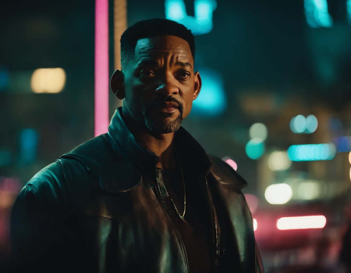 Fotografia do will smith no mundo do cyberpunk 2077, futurista, vestindo sobretudo com neon, futuro, ano 2077, reimaginar