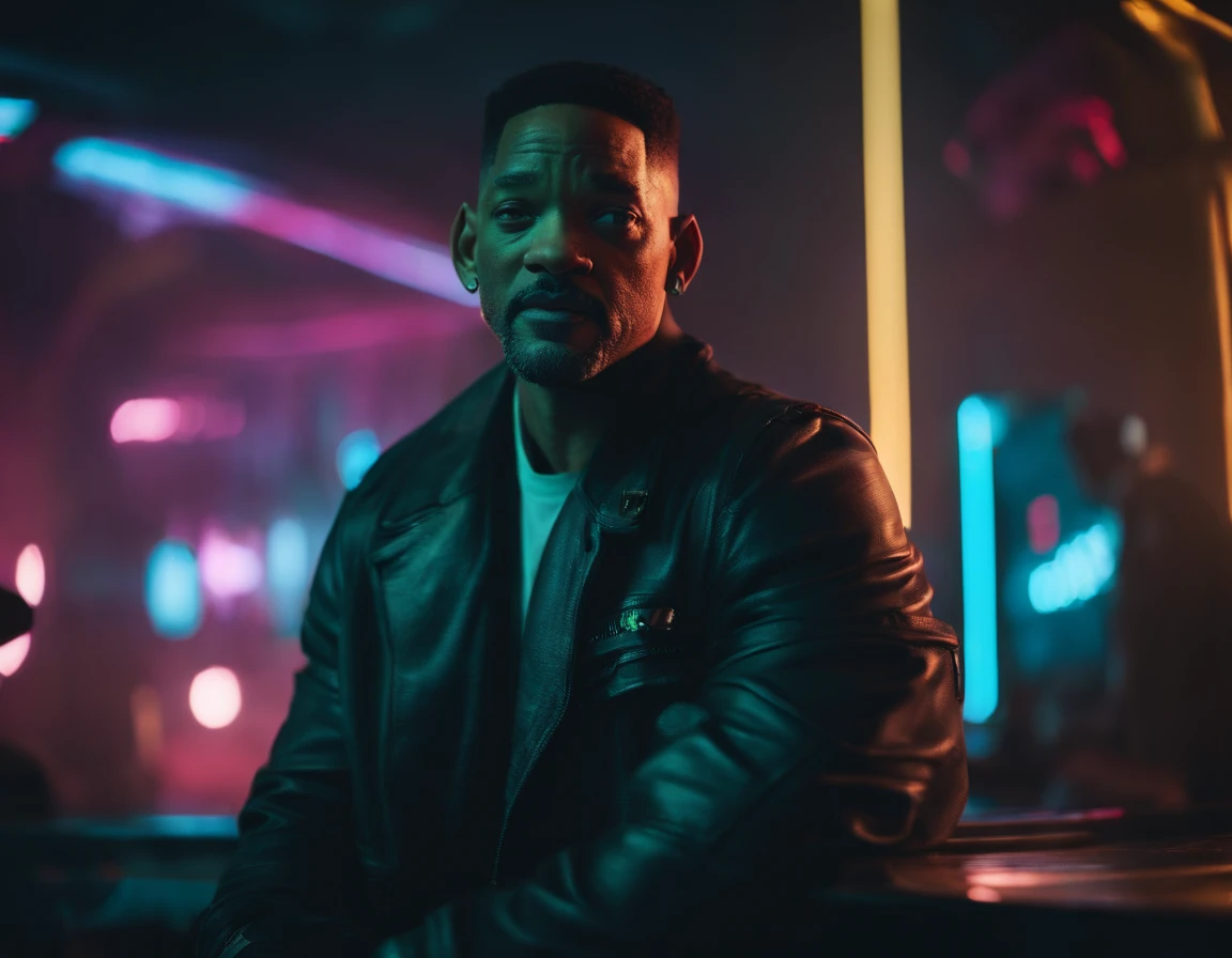 Fotografia do will smith no mundo do cyberpunk 2077, futurista, vestindo sobretudo com neon, futuro, ano 2077, reimaginar