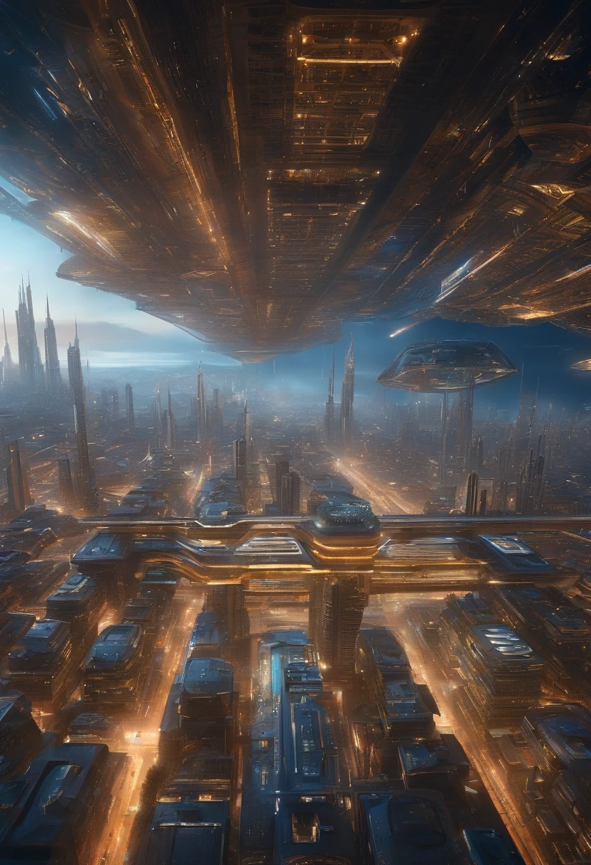 Create futuristic hyperealist works of art, Imagine a floating city in the sky, with complex architectural structures and advanced technology. Paint this futuristic city with a wealth of detail, capturing the bright lights, suspended platforms and flying vehicles that crisscross the skies.