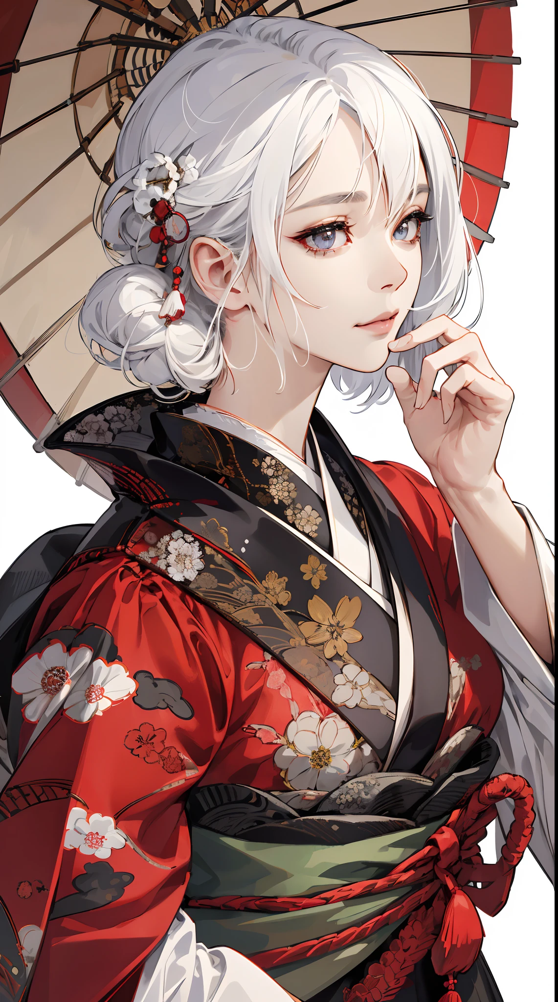(absurd, highres, ultra detailed), 1girl, mature woman, intricate details, enlarged textures, intricate details, finely detailed eyes and detailed face, intricate details, white hair, (closed mouth), (perfect eyes, matching eyes), ( (Japanese clothes))