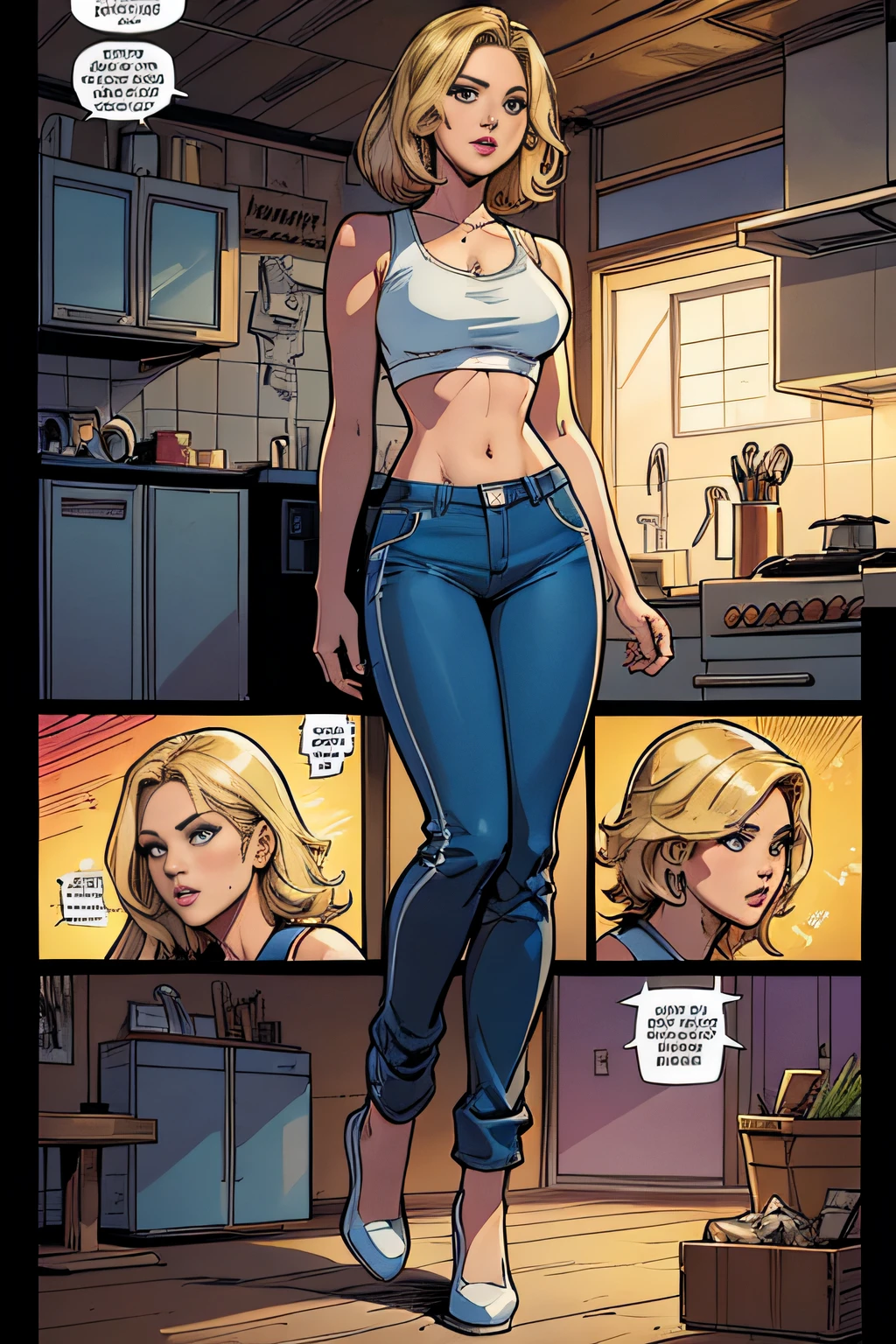 Comic storyboard:1.8, Cartoon comic strips,comic strip:: jennifer lawrence,Selena Gomez(1人の女性) The full body of a 30-year-old blonde,long trousers,In a futuristic house, marvel comics style, hyper HD, 24K Ultra HD,Comic storyboard