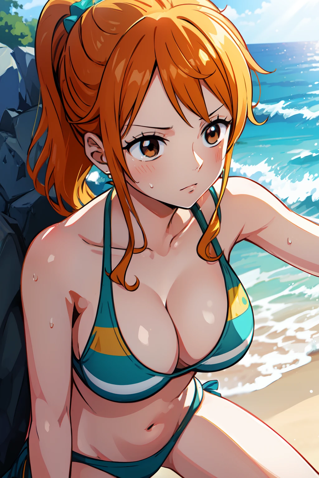 Nami of one piece, long orange ponytail hair, Beautiful brown eyes, Blushing cheeks, Wearing a bright bikini, Enjoy a sunny day at the beach. Art style is、Must resemble a captivating anime style.

About image quality, priority (Best Quality, 4K, 8K, hight resolution, masutepiece:1.2), Ultra-detailed, And (Realistic, Photorealistic, Photorealsitic:1.37) rendered. To enhance visuals, Add HDR, nffsw, Studio Lighting, Ultra-fine painting, Sharp Focus, Physically-based rendering, extreme detail description, Professional, Vivid colors, and bokeh.

Capture the essence of Nami's adventurous spirit and picturesque beach scene, Try to highlight the vibrant colors and warm sunlight in your artwork. Lighting should be soft, A dreamy atmosphere that enhances Nami's beauty.

disclaimer: This prompt includes、It includes、It includes、It includes、It includes、It includes、May contain NSFW elements by bikini mention. Make sure you comply with the guidelines and requirements.

Remember, Do not add explanations or sentence fragments to prompts. Stable diffusion prompt、Provides directly without additional prefixes or punctuation.校服、schools