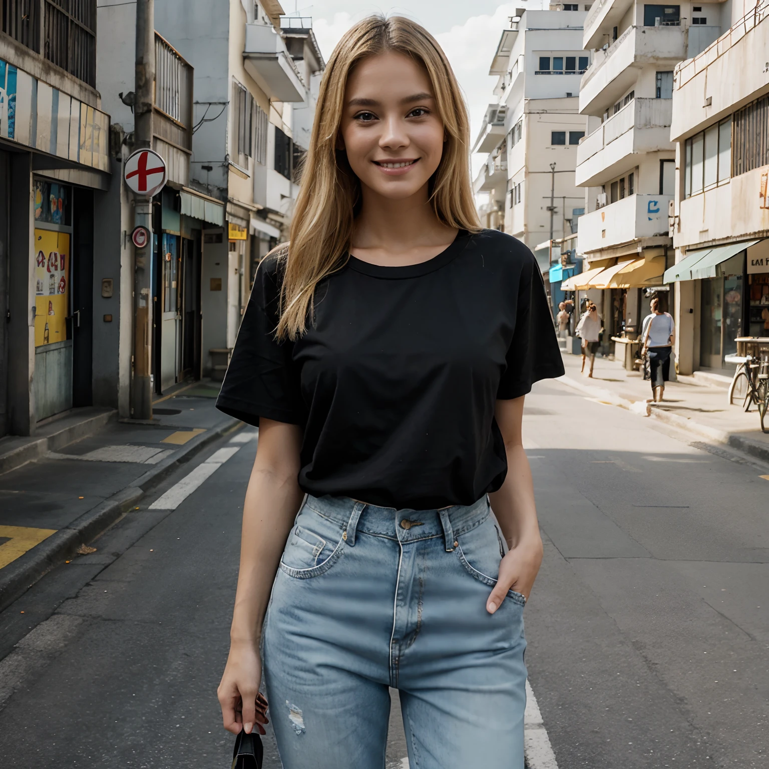 a black T-shirt a blond Street style Okinawa Smile denim pant Look away