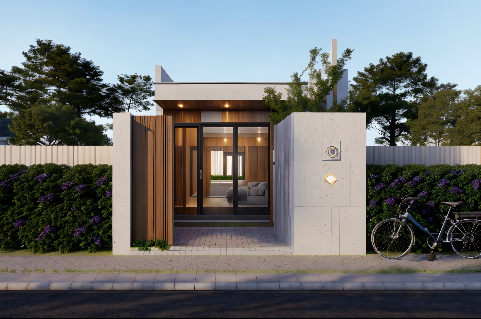 Realistic, vray realistic , DAYLIGHT, 8k uhd, morden townhouse, road infront of house, wood ceilling:1.4, (high detailed skin:1.3), hight shadow, blue sky:1.5, ultra quality, film grain, Fujifilm XT3, sharp image, best quality, authentic, hight quality, LIGHT FROMT INDOOR