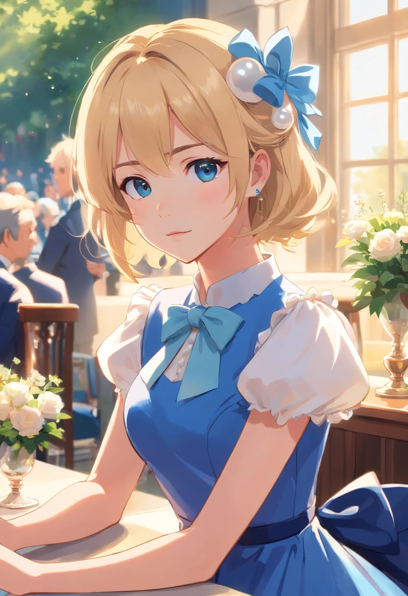 Photographic portrait of a gorgeous young blonde lady dressed perfectly for Royal Ascot in pearls and an ultraconservative blue dress with short puffed sleeves