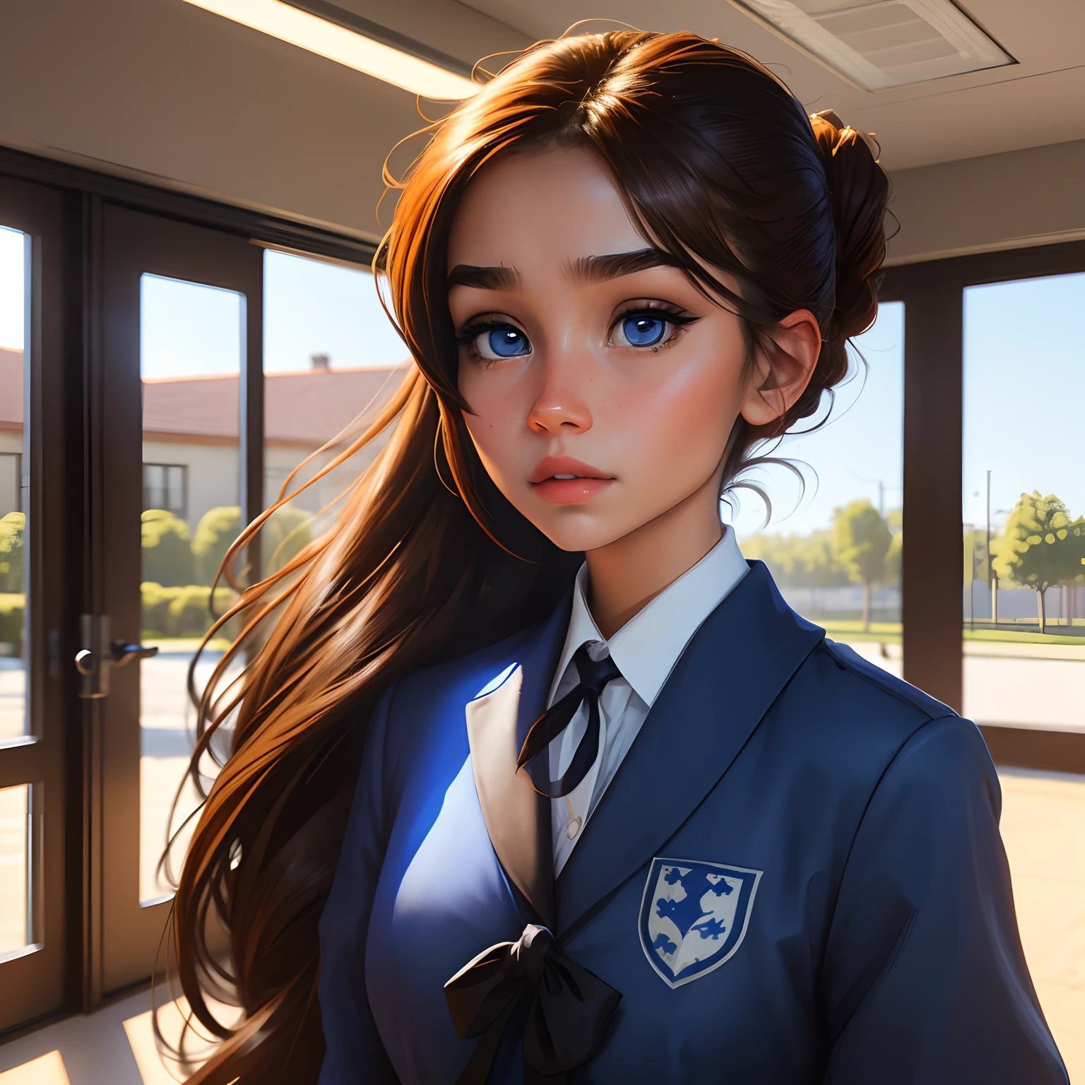 A teenage girl with long brown hair tied in a ponytail, blue eyes with dark circles and full lips , wearing a fancy royal blue school uniform , Portair HD