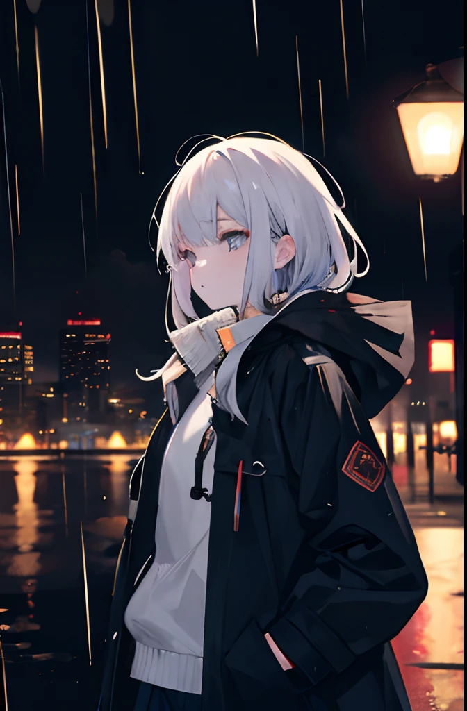 1 girl, night city, rain, coat, hands in pockets