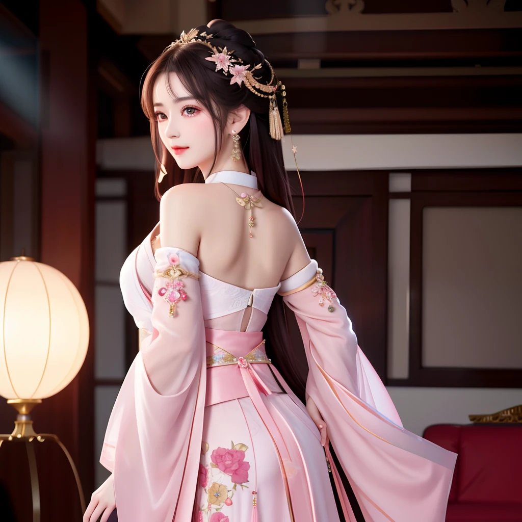 best quality, masterpiece, highres, 1girl,blush,( smile:0.8),star-shaped pupils,sexy china hanfu in pink, princess, very luxury, hair ornament,necklace, jewelry,Beautiful face, shoulder is open, with her back turned, hands behind butt, tyndall effect,photorealistic, dark studio, rim lighting, two tone lighting,(high detailed skin:1.2), 8k uhd, dslr, soft lighting, high quality, volumetric lighting, candid, Photograph, high resolution, 4k, 8k, Bokeh