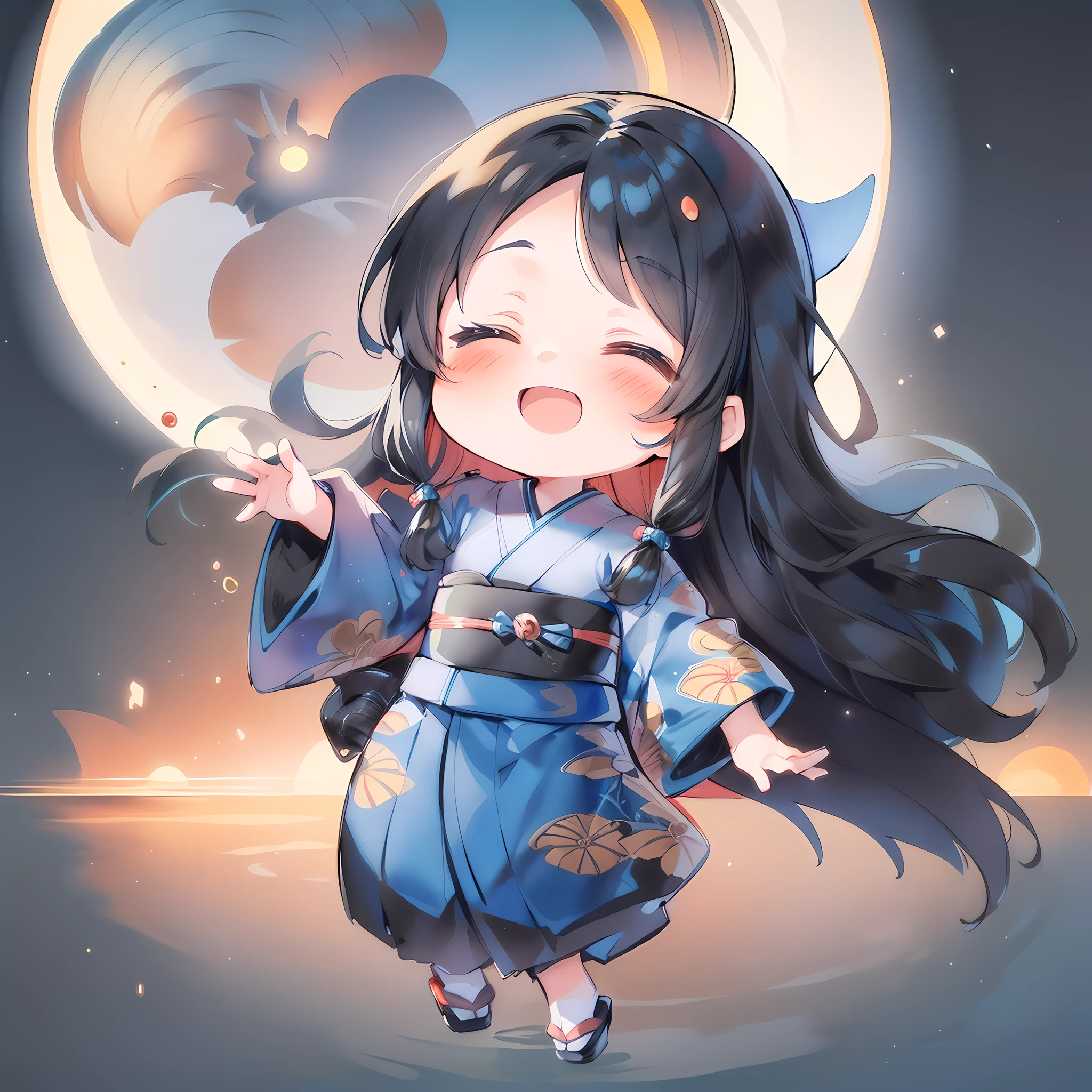 masutepiece, Best Quality, Extremely detailed, girl with, Solo, Happy, Closed eyes,Full body, (((Black Long Hair:1.3))), (((kimono))), Cat mask, (Reaching out:1.1), (from the front side:1.2), (((Deformed))), (((Chibi Character))), Japanese, Autumn background, Night background, (((blue moon light))),