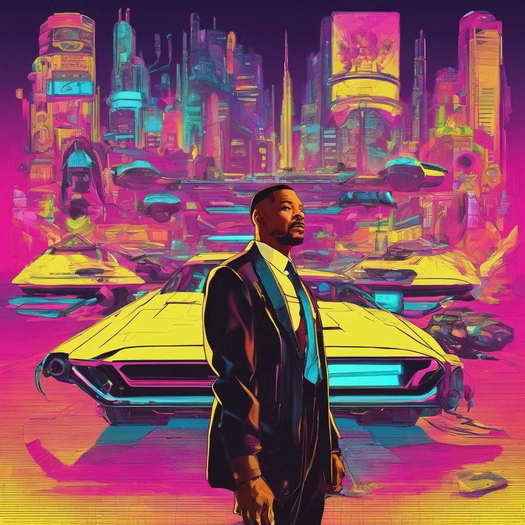 Fotografia do will smith no mundo do cyberpunk 2077, futurista, vestindo sobretudo com neon, futuro, ano 2077, reimaginar