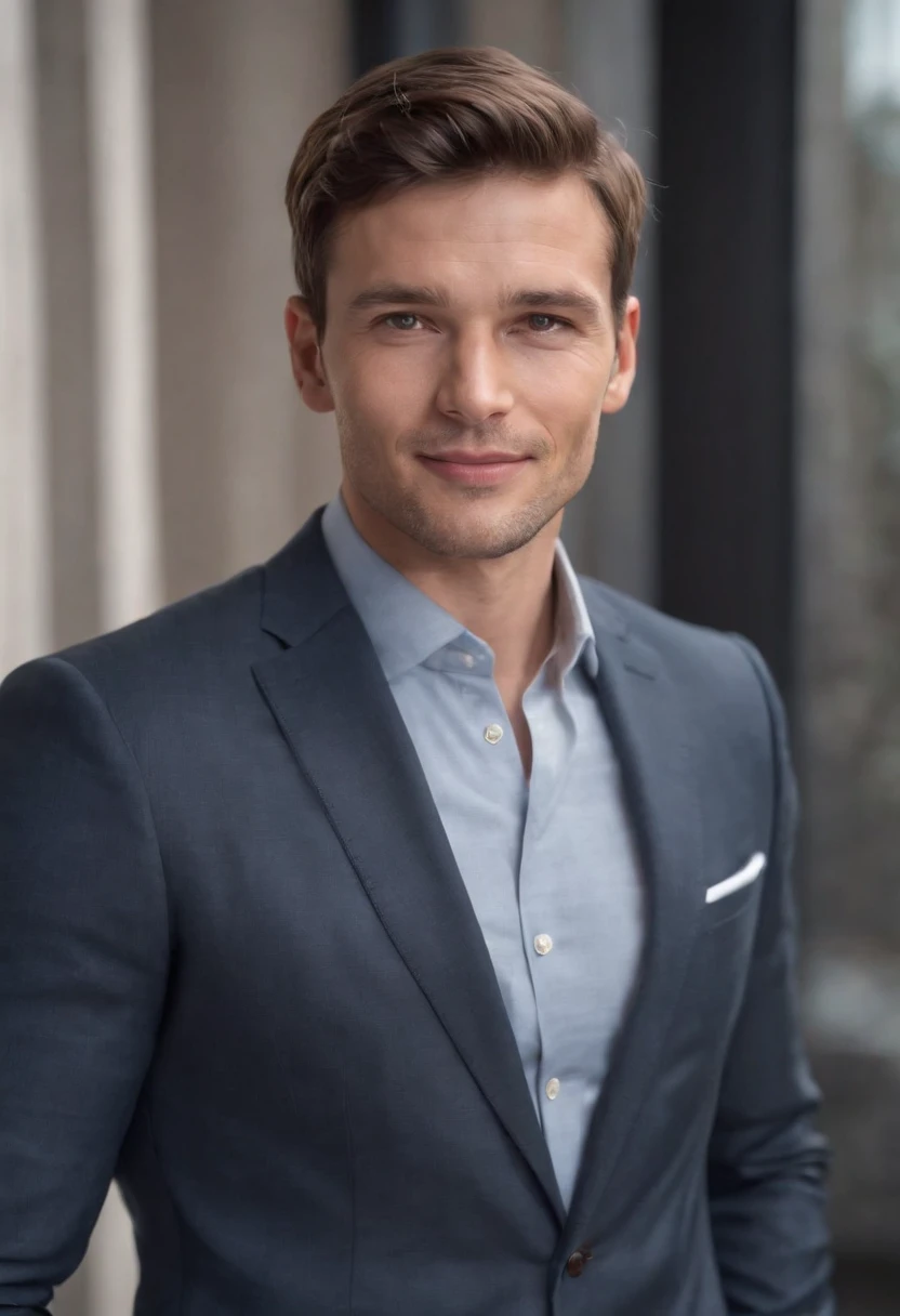 Attractive athletic 30 year old man with short brown hair in business suit Hugo boss, Prise de vue du corps entier, sourire