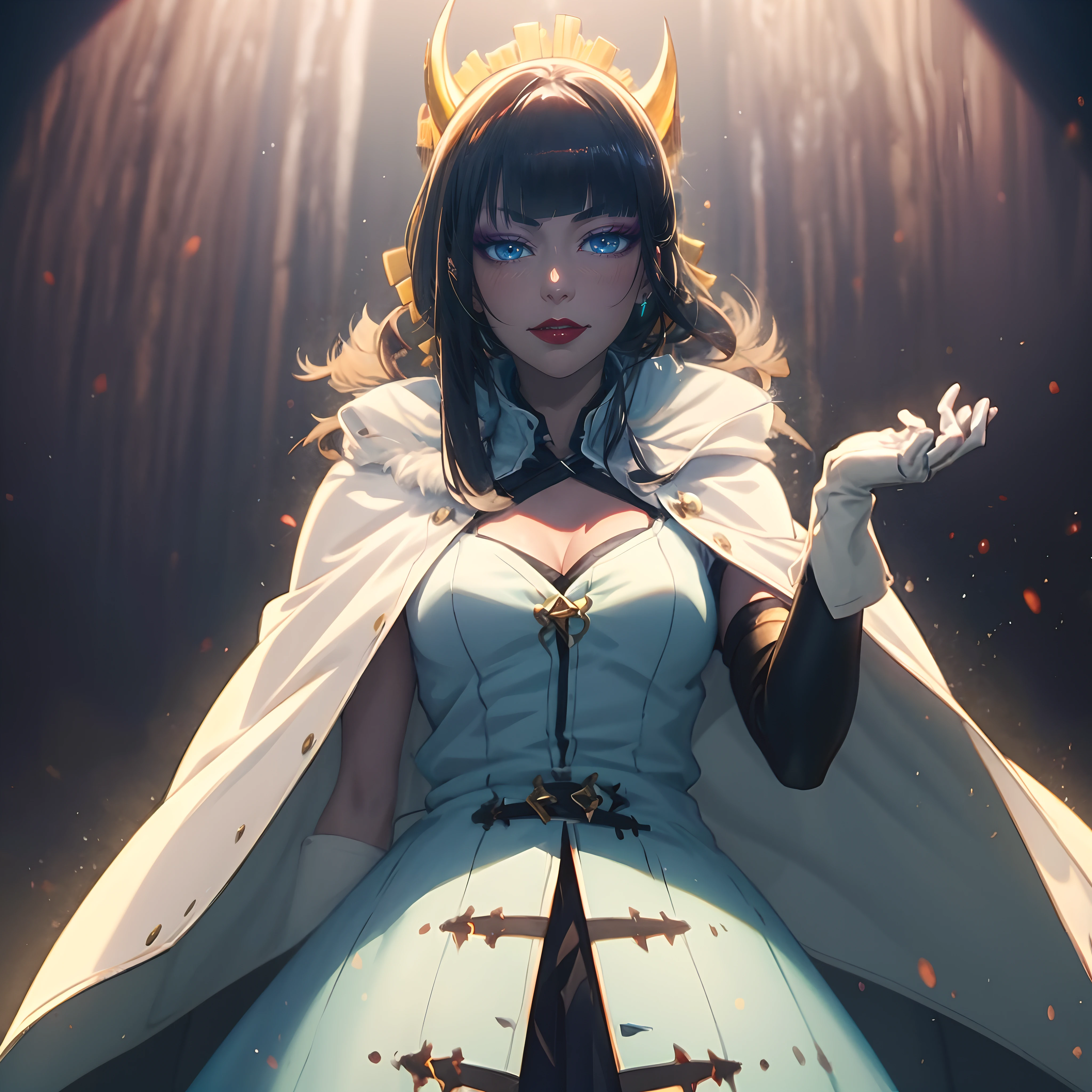 senjumaru shutara, (long hair, bangs, blunt bangs, black hair, sidelocks:1.5), (black eyes:1.5), makeup, lipstick, red lipstick, breasts, epic art, fantasy, gloves, white_gloves, cape, 1girl, breasts, solo, dress, elbow_gloves, white_cape, cleavage, medium_breasts, looking_at_viewer, gradient, gradient_background, glow effects, godrays, Hand drawn, render, 8k, octane render, cinema 4d, blender, dark, atmospheric 4k ultra detailed, cinematic, Sharp focus, big depth of field, Masterpiece, colors, 3d octane render, 4k, concept art, trending on artstation, hyperrealistic, Vivid colors, extremely detailed CG unity 8k wallpaper, trending on CGSociety, Intricate, High Detail, dramatic, anime coloring, anime screencap, steaming body, fog, heavy breathing, nsfw art,