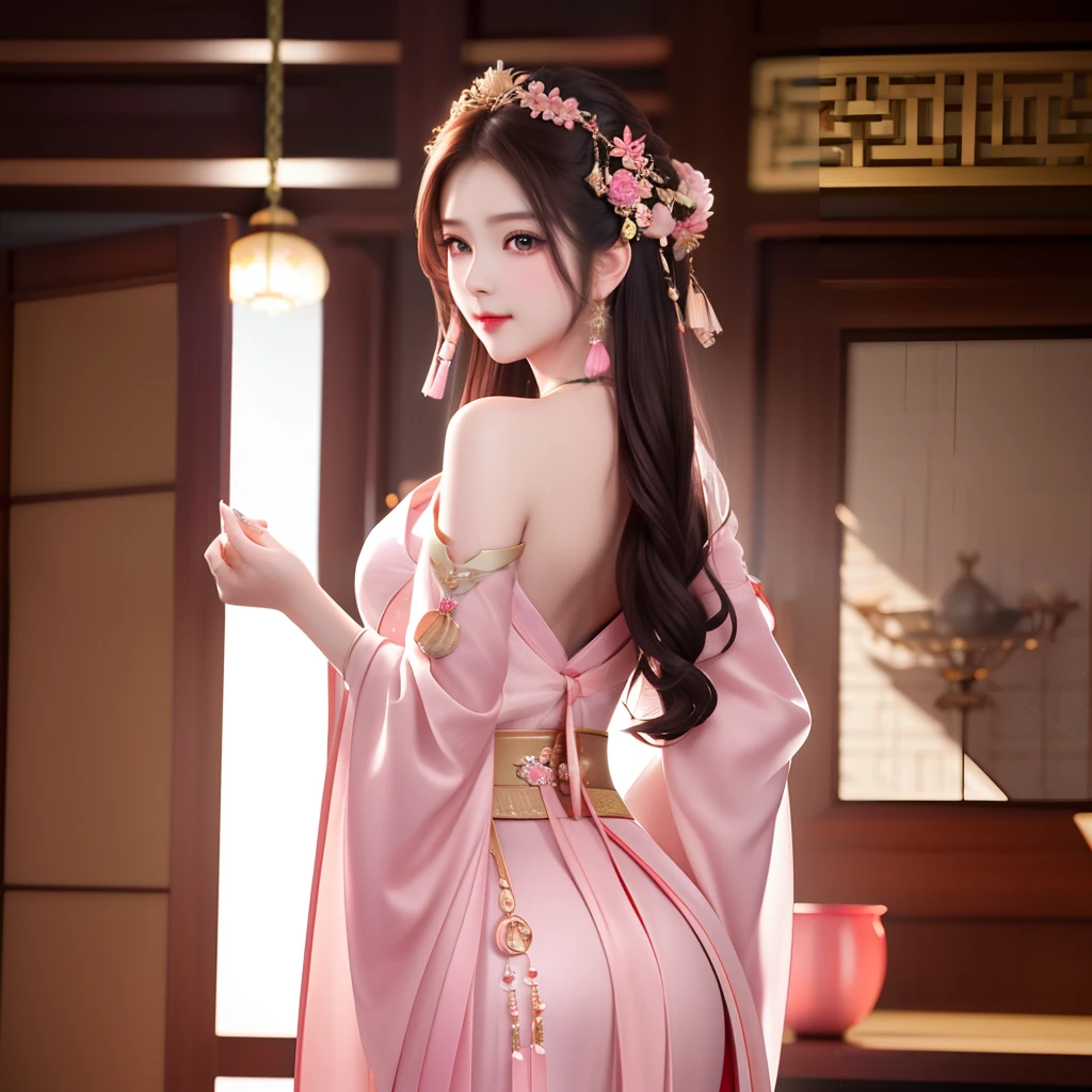 best quality, masterpiece, highres, 1girl,blush,(seductive smile:0.8),star-shaped pupils,sexy china hanfu in pink, princess, very luxury, hair ornament,necklace, jewelry,Beautiful face, shoulder is open, with her back turned, hands behind butt, tyndall effect,photorealistic, dark studio, rim lighting, two tone lighting,(high detailed skin:1.2), 8k uhd, dslr, soft lighting, high quality, volumetric lighting, candid, Photograph, high resolution, 4k, 8k, Bokeh