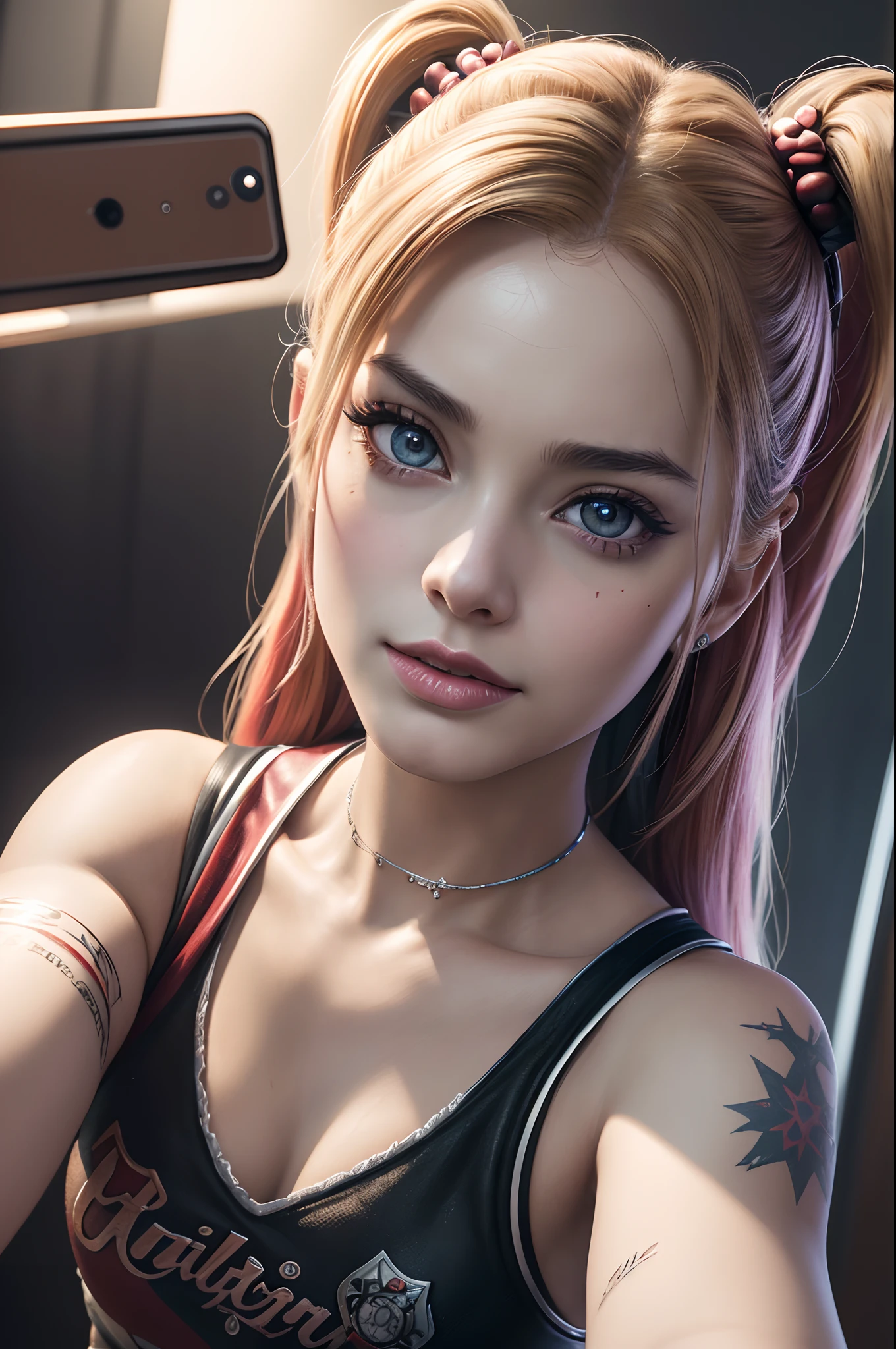(original) , (very detailed wallpaper) , (best quality) , (masterpiece) , photographic reality, realistic, very detailed illustrations , beautiful eyes, (delicate face) , perfect detail, (best lighting) , (super complex details) , ultra-detailed, , kogal,((selfie)),, 4K unified, (super detailed CG: 1.2) , (8K: 1.2) , realistic, octane rendering , suicide squad game harley quinn