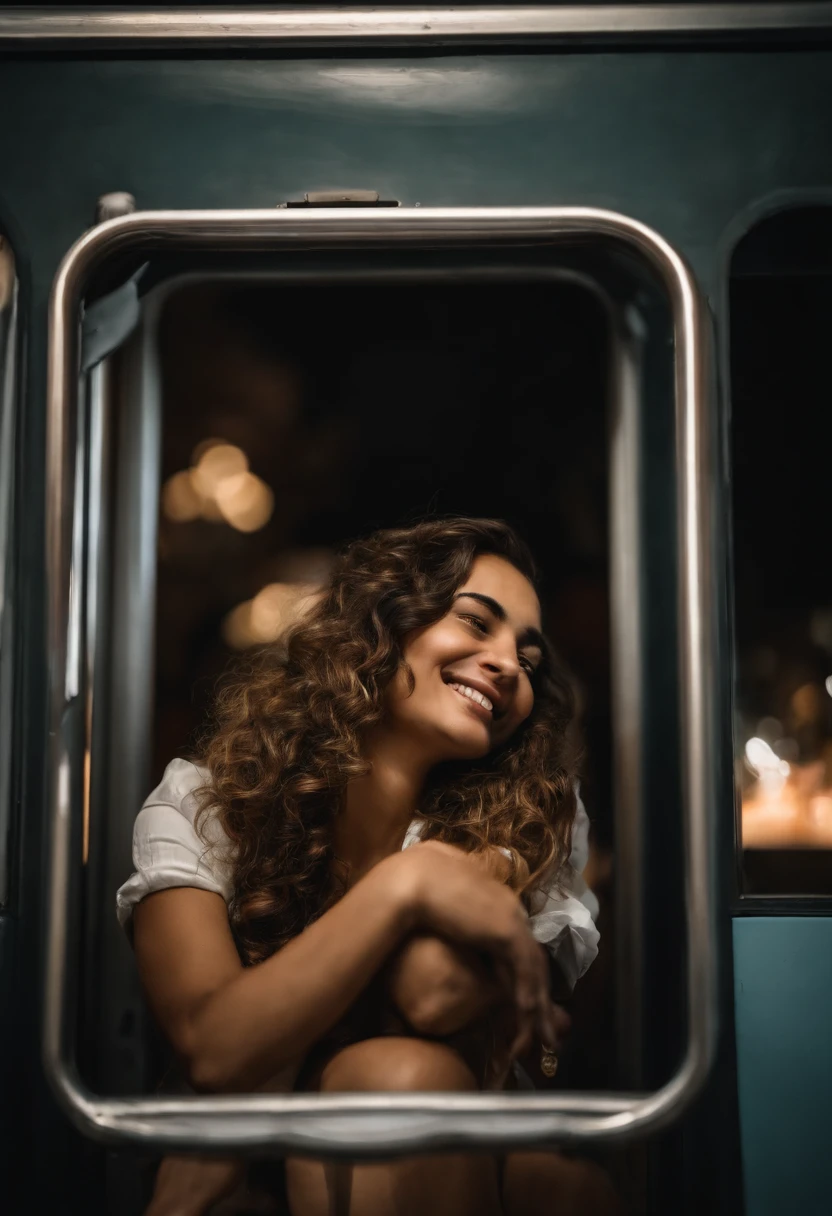 jovem 18 anos, Beautiful, (((Novo))), ((no-bra)), sem calcinha, inspirado em prostituta, Flight attendant, corpo escultural, olhos azuis, Cabelo longos, cabelos loiros , confident expression, (Pose de prostituta), passeando elegantemente pelo corredor da cabine, com um sorriso radiante, interacting with passengers caressing their private parts, luzes suaves iluminando o ambiente, windows with stunning views of the night sky of the city of Dubai,
