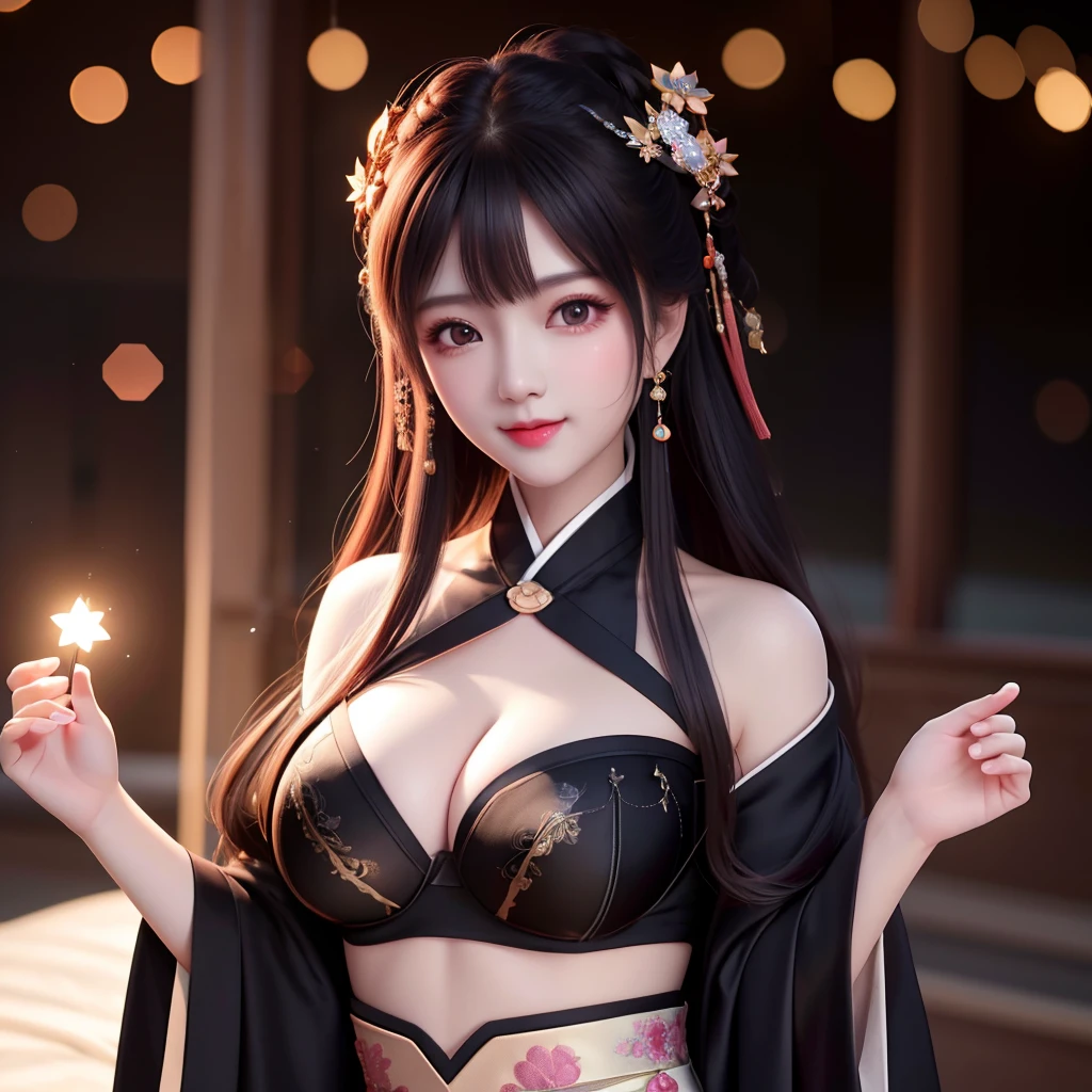 best quality, masterpiece, highres, 1girl,blush,(seductive smile:0.8),star-shaped pupils, china hanfu in dark black, Beautiful face, the chest is open, showing underwear, wearing tube top, beautiful breasts, face masked, half body, tyndall effect,photorealistic, dark studio, rim lighting, two tone lighting,(high detailed skin:1.2), 8k uhd, dslr, soft lighting, high quality, volumetric lighting, candid, Photograph, high resolution, 4k, 8k, Bokeh