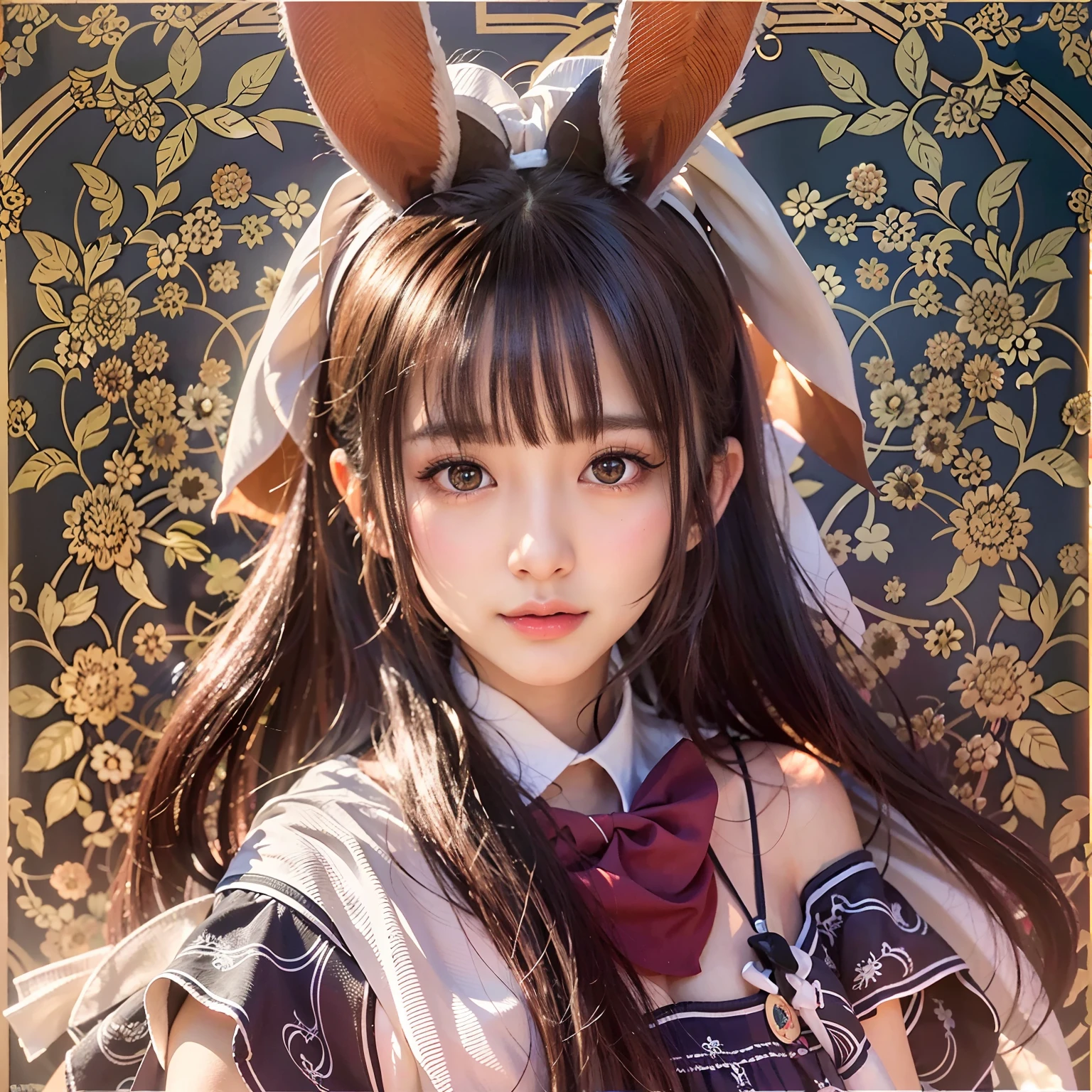 (Background, Symmetrical, Compositions of geometric arabesque patterns):1.3, (fullllbody:1.3),  (poneyTail, dark brown hair), (top-quality, Photorealsitic:1.4, masutepiece:1.3, Raw photography:1.2, cinematric light, very detailed illustration), (1womanl:1.3, Solo), (Asian Girl, ultra-delicate face, Super Beautiful Maid, Super delicate eyes, Ultra-detailed nooze, Ultra detailed mouth, Ultra-detailed facial features), Petite woman, (Playboy Bunny:1.37),  (medium breasts⁩:1.3), from the front side, skiny, lipgloss, Show cleavage